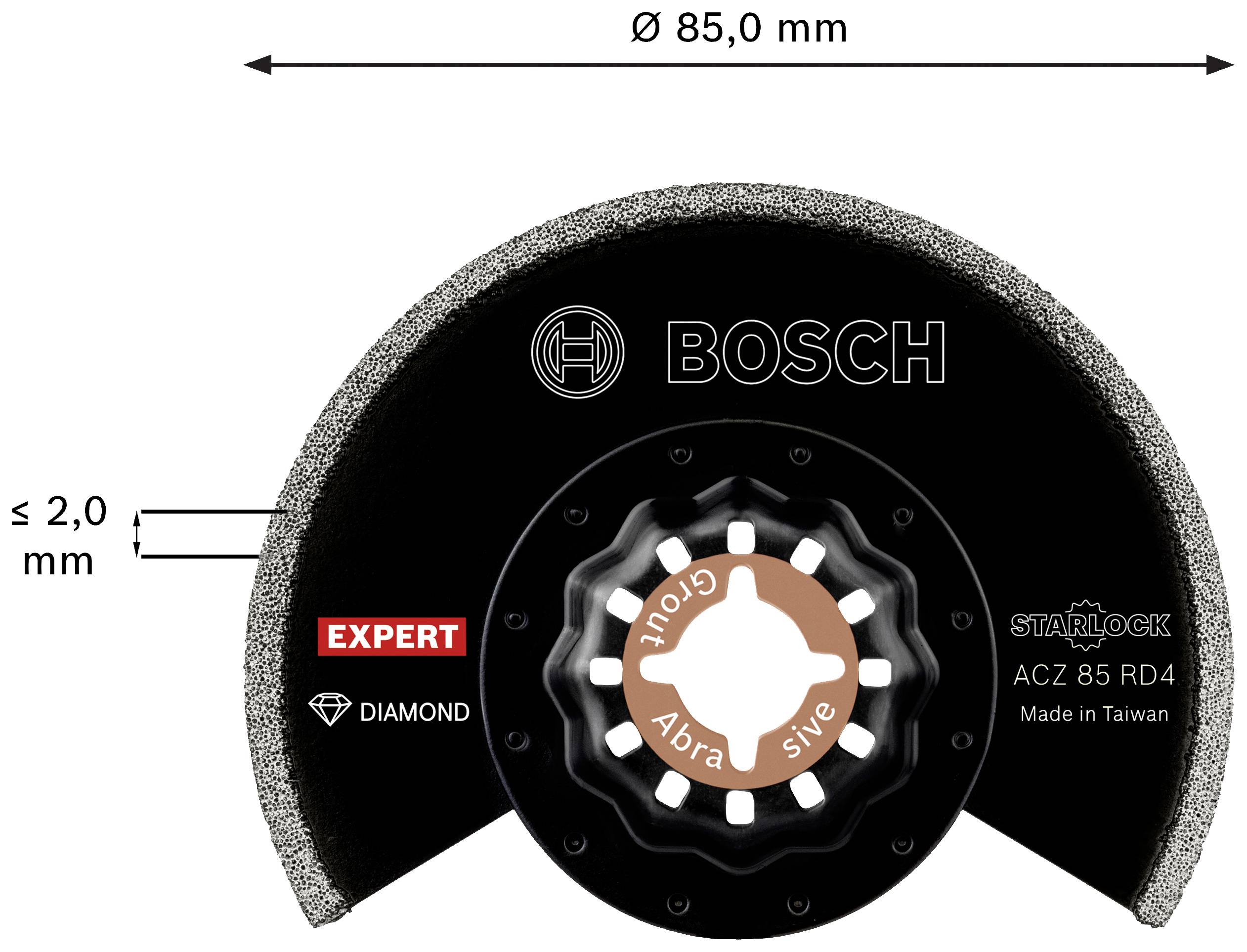 Diamentowa tarcza tnąca o średnicy 85 mm, grubości 2 mm. Logo marki i napisy: Bosch, Starlock, Expert, 'Abrassive'. Wyprodukowano na Tajwanie.
