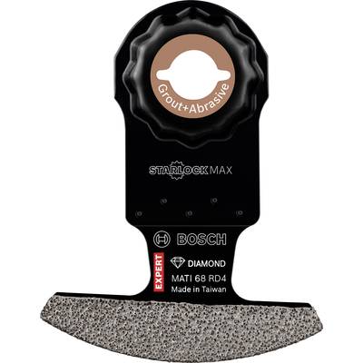 Czarne, półokrągłe ostrze piły z napisem 'Starlock Max', przeznaczone do prac przy fugowaniu. Producent: Bosch, Model: MATI 68 RD4.