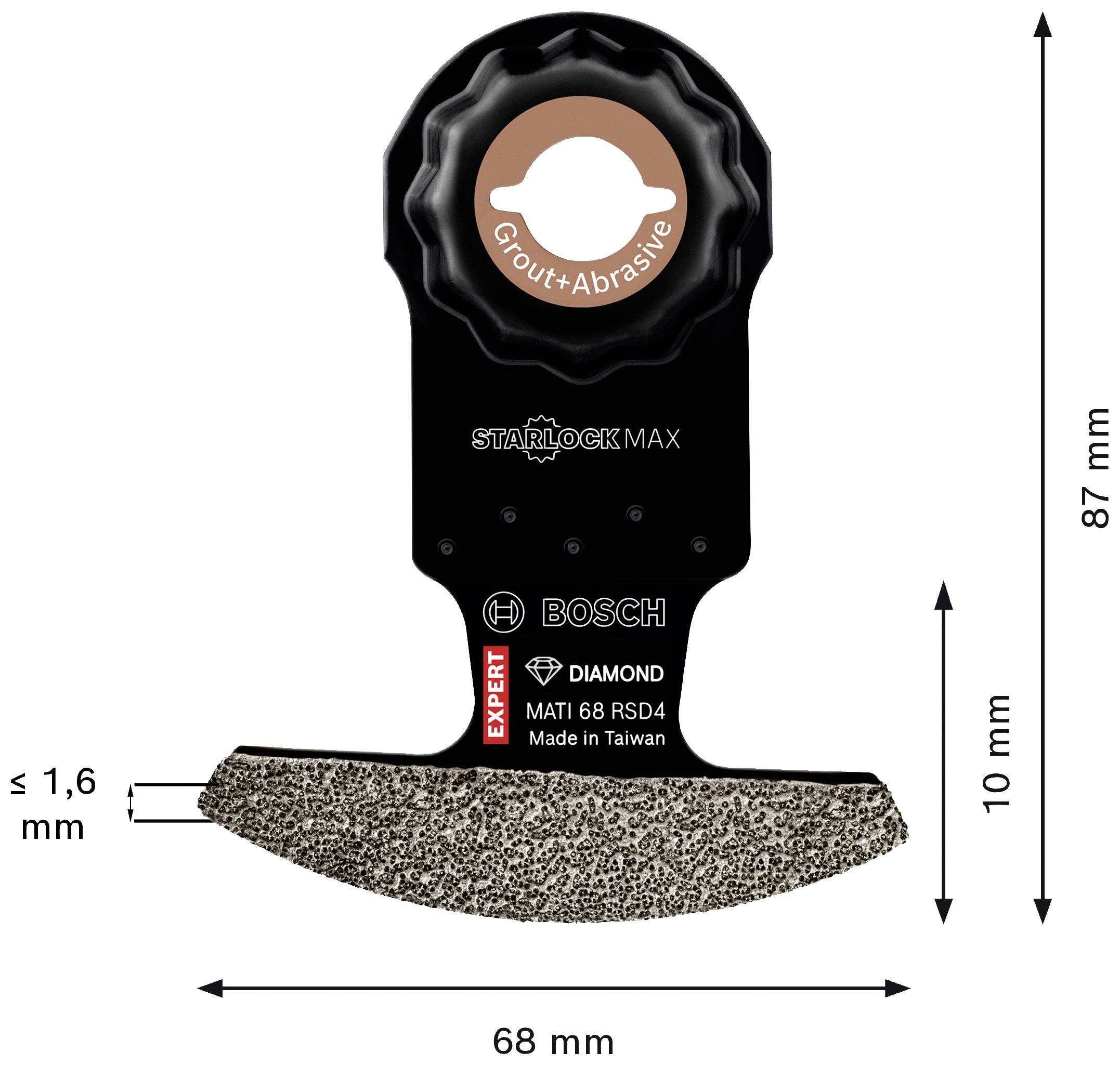 Wielofunkcyjne ostrze piły firmy Bosch, model Starlock Max, odpowiednie do fug i materiałów ściernych. Wymiary: 68 mm szerokości, 87 mm wysokości.