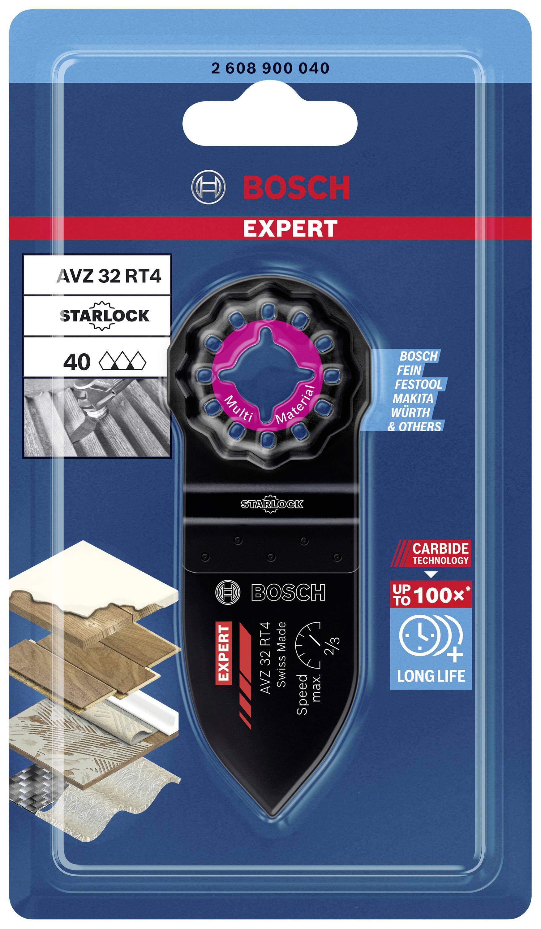 Brzeszczot AVZ 32 RT4 firmy Bosch Expert z mocowaniem Starlock, odpowiedni do drewna i innych materiałów, przedstawia zdjęcie opakowania.