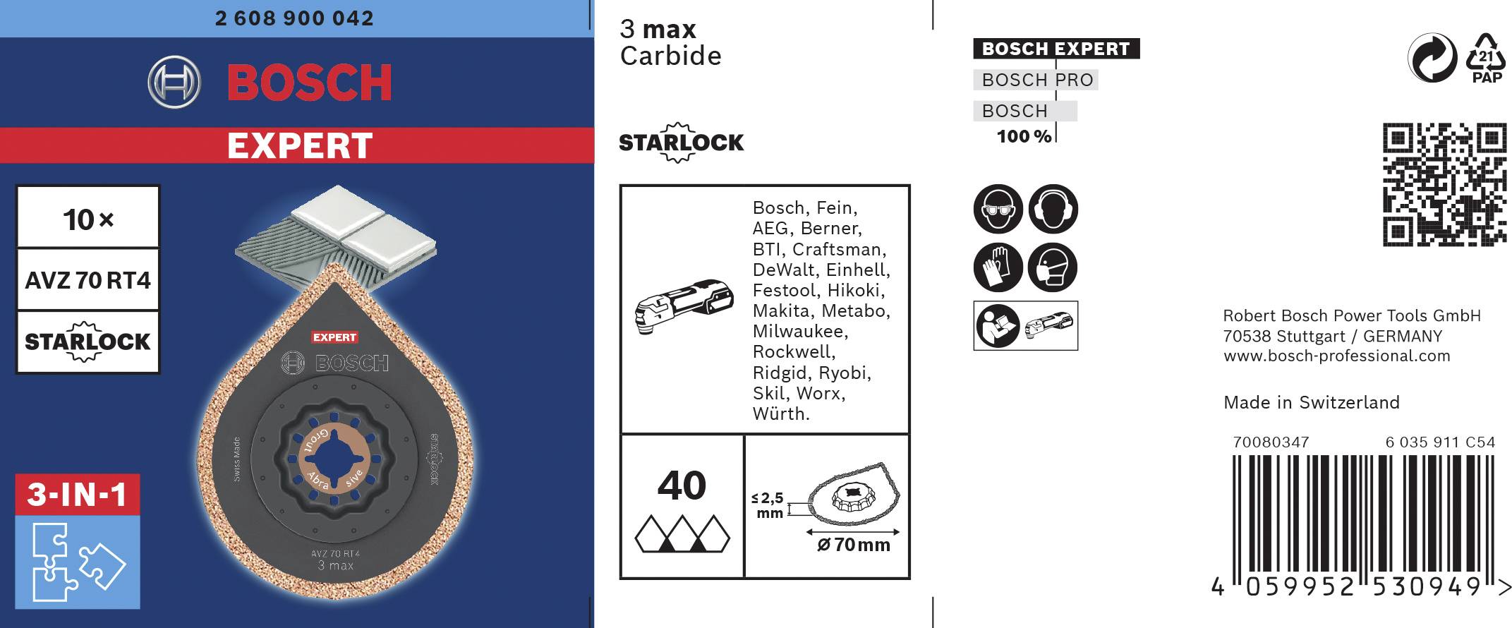 'Opakowanie brzeszczotów Bosch Expert Starlock, 10 sztuk, kompatybilne z różnymi narzędziami marek, wyprodukowane w Szwajcarii.'