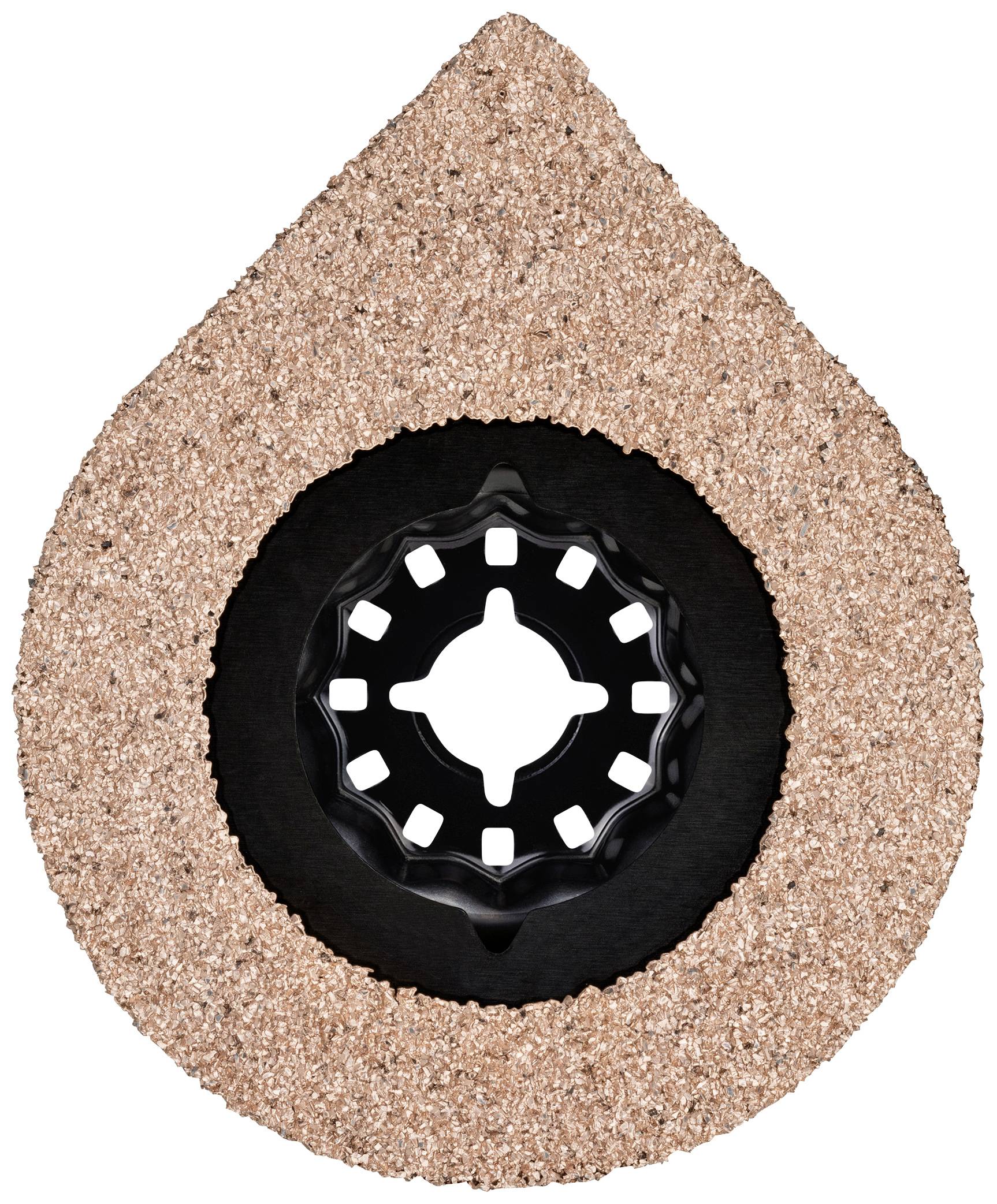 Oscylujące ostrze piły o kształcie trójkątnym z gruboziarnistą powłoką, nadające się do pracy na twardych materiałach.