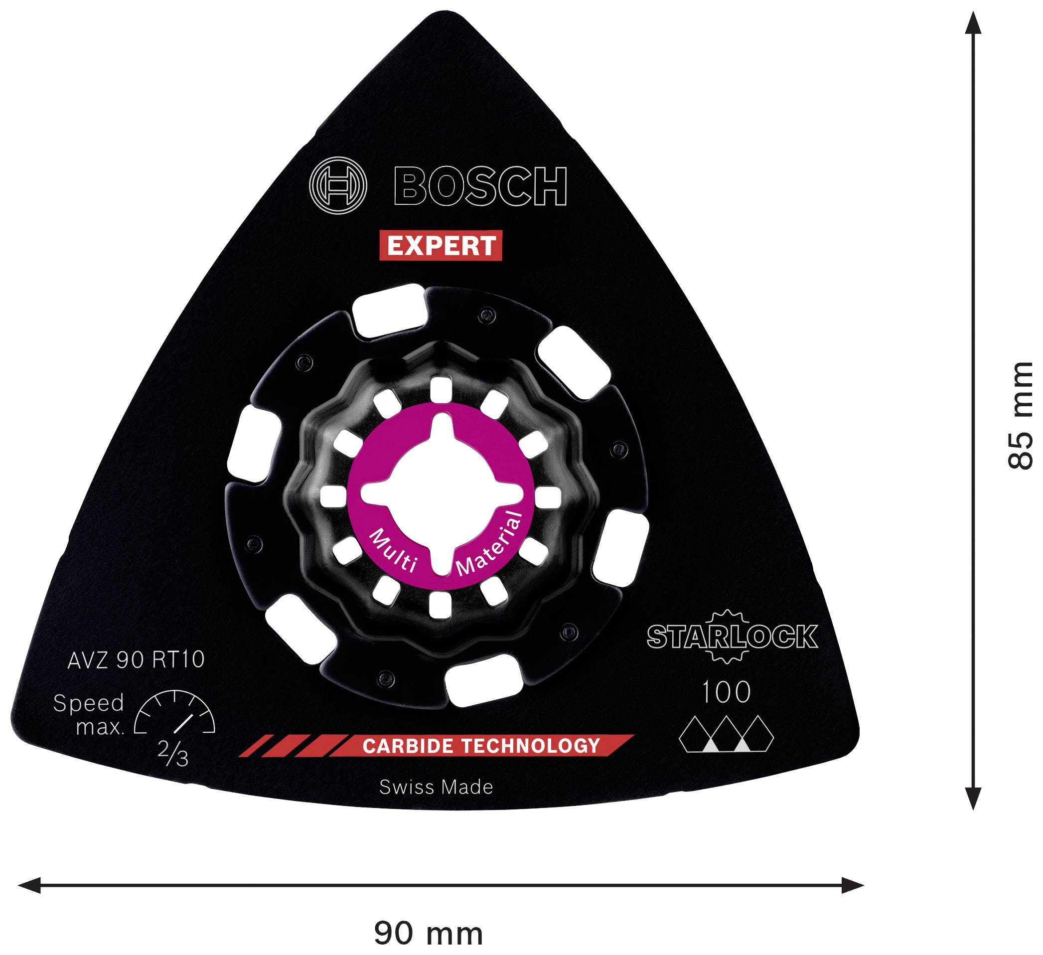 Trójkątne ostrze Bosch Starlock, 90x85 mm. Napis 'Multimaterial', specjalistyczne do narzędzi Bosch Expert, przeznaczone do różnych materiałów.