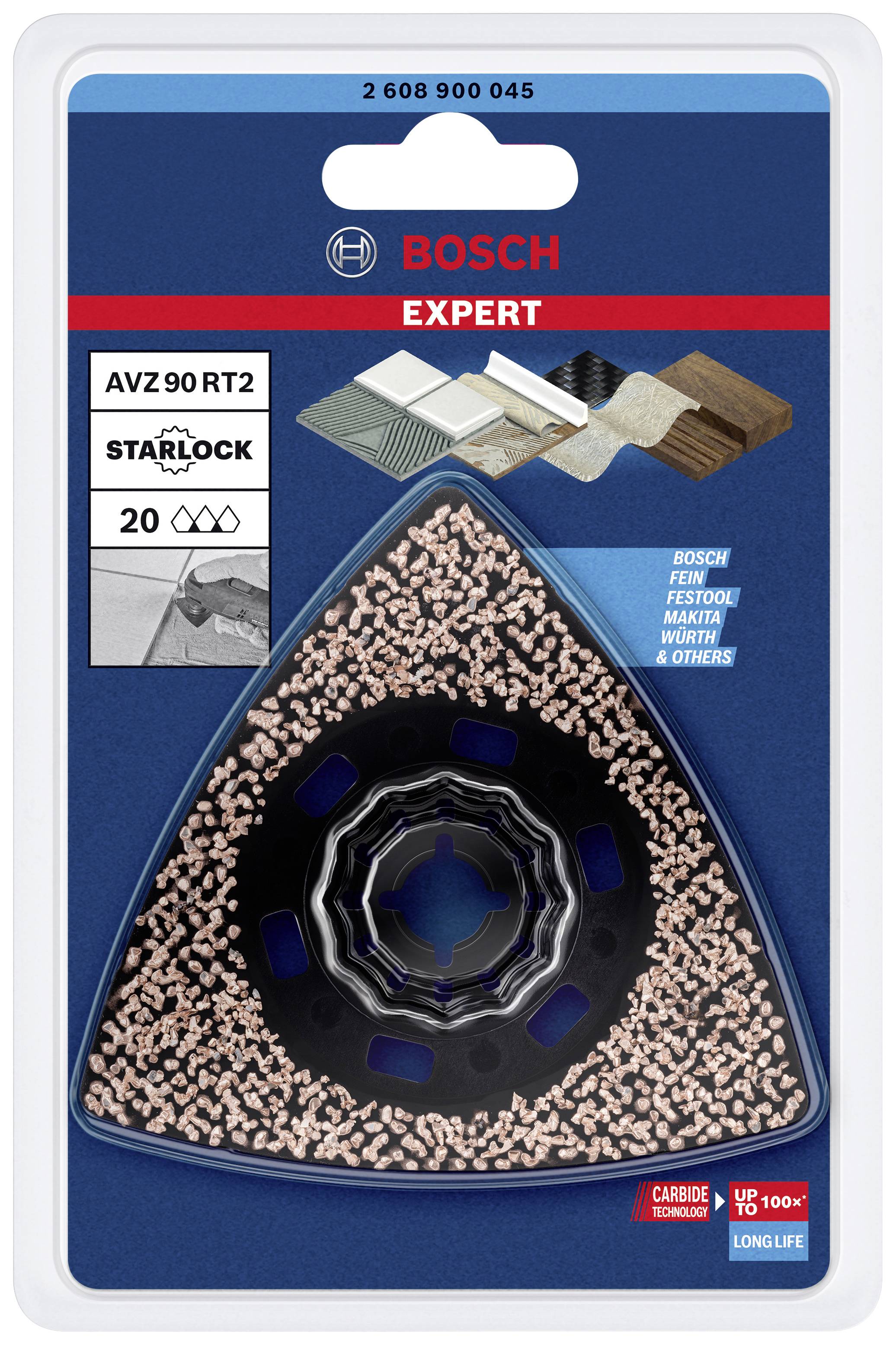 'Trójkątna tarcza szlifierska Bosch Expert AVZ 90 RT2 Starlock do narzędzi wielofunkcyjnych, odpowiednia do drewna, metalu i płytek ceramicznych, opakowanie 20 sztuk.'