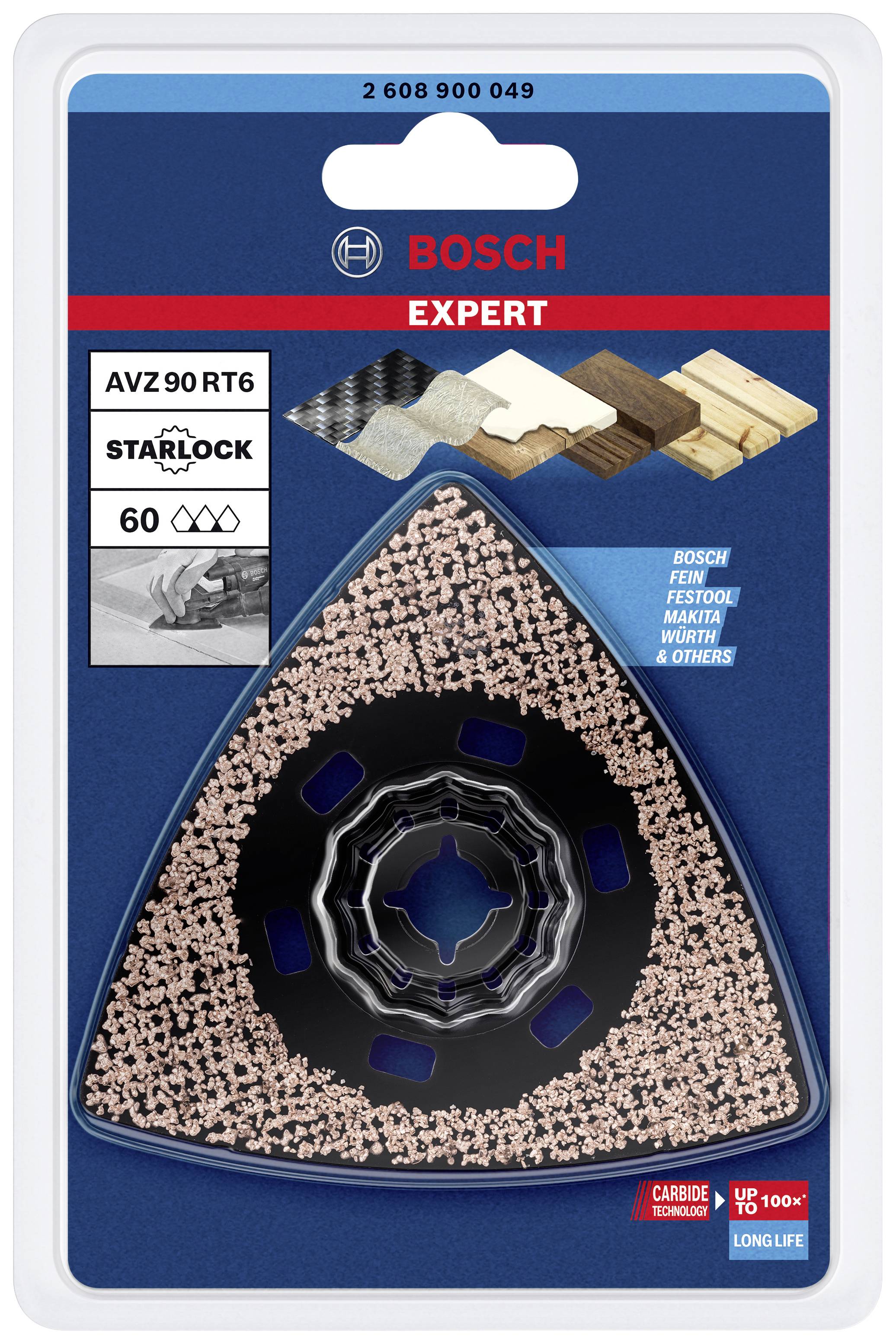 Trójkątna tarcza szlifierska Bosch Expert AVZ 90 RT6 do narzędzi oscylacyjnych, z powłoką węglikową do wydajnego usuwania materiału.