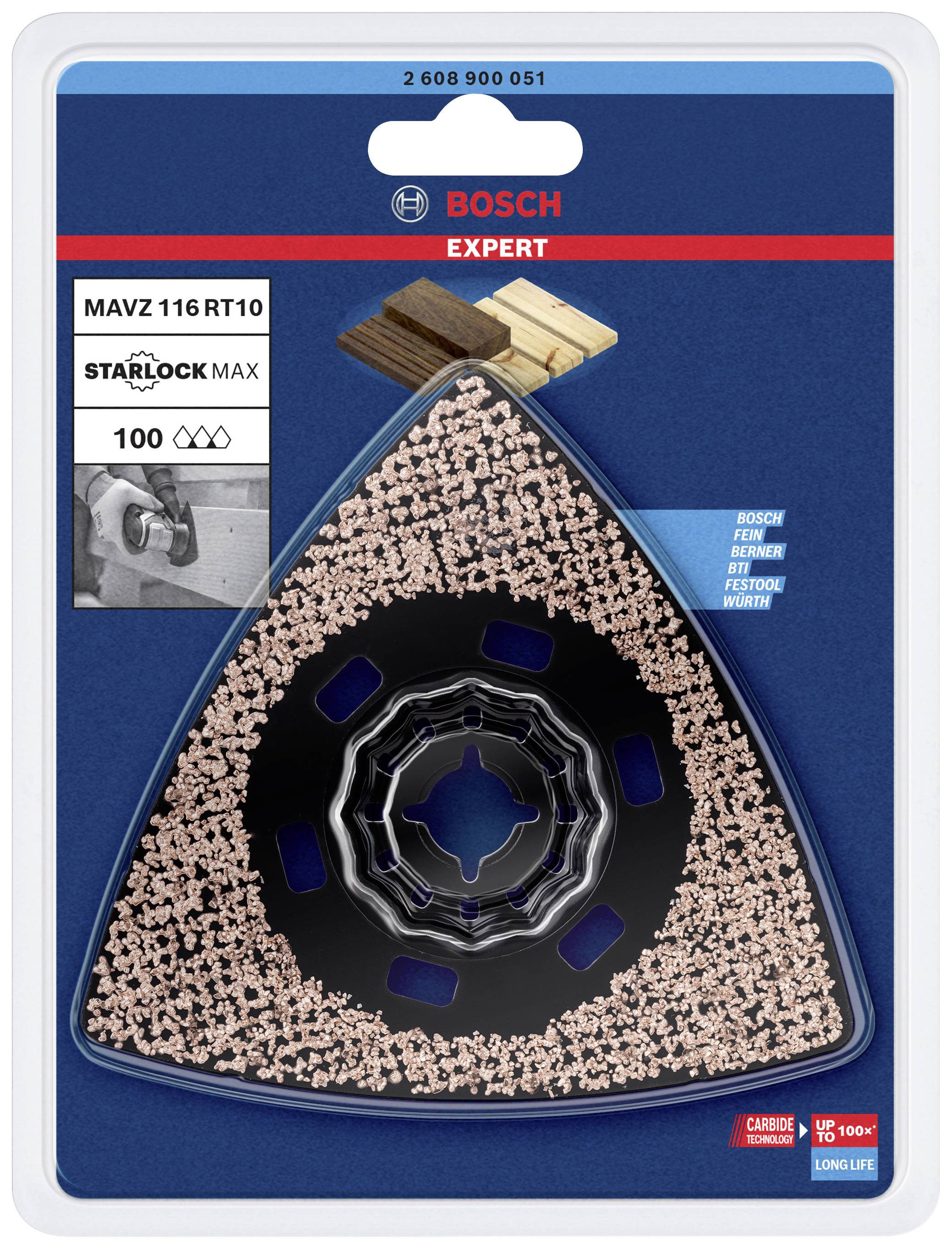 Tarcza ścierna Bosch Expert w kształcie trójkąta, odpowiednia do cięcia laminatu o wyglądzie drewna. Przedstawia opakowanie z detalami produktu.