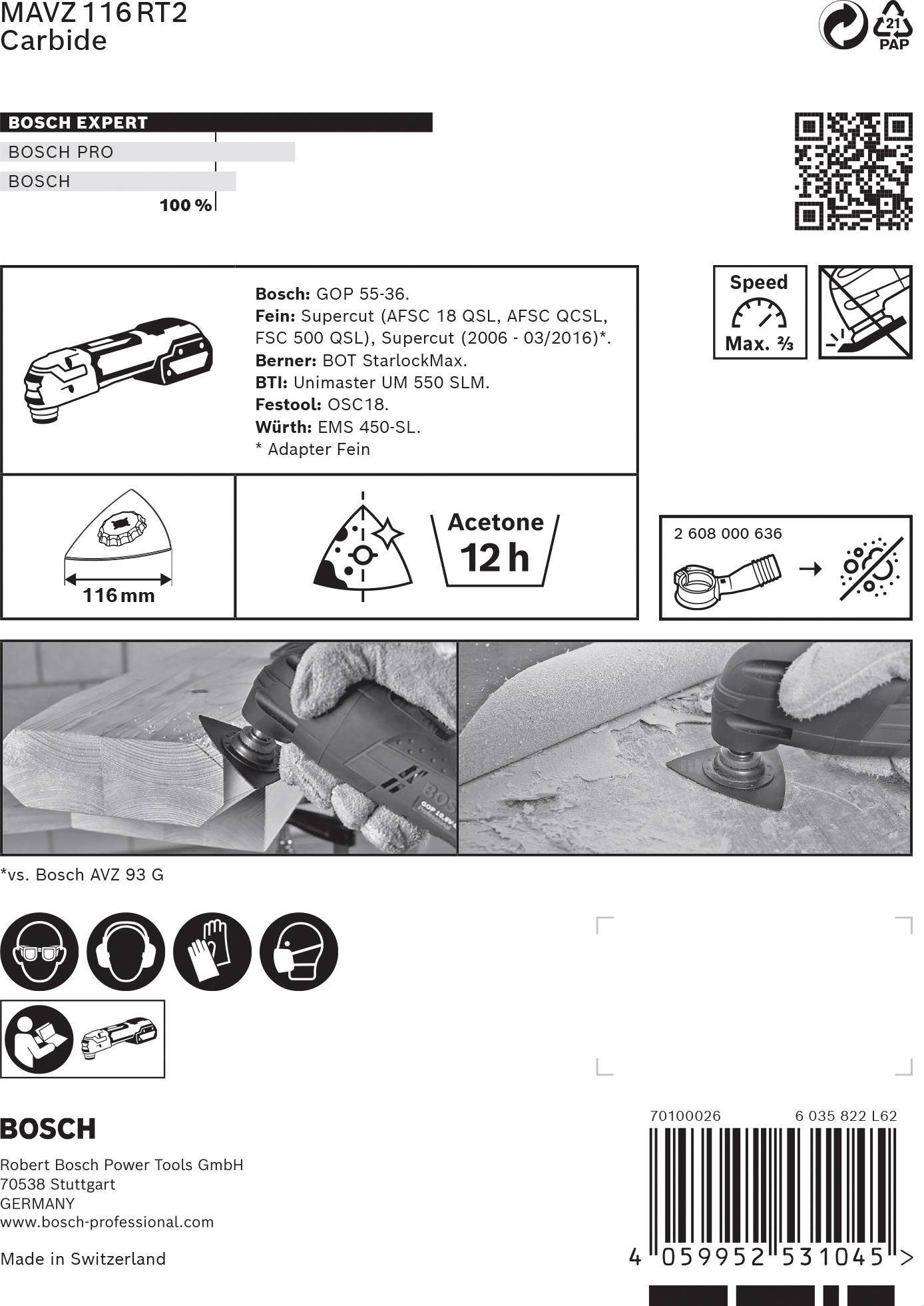 Etykieta dla Bosch Expert MavZ116RT2. Przedstawia szczegóły produktu: kompatybilny z Bosch GOP 55-36, Fein Supercut AFSC, adapter, wymiary.