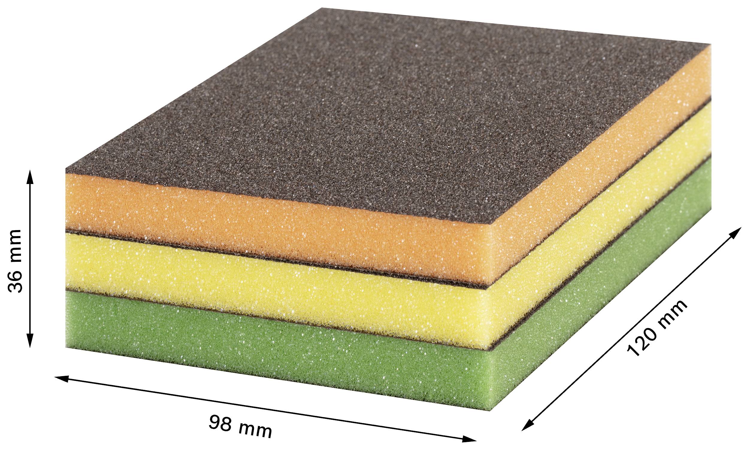 Trzy różnokolorowe prostokątne gąbki do czyszczenia w kolorach czarnym, pomarańczowym, żółtym i zielonym, ułożone wzdłuż w stosie.