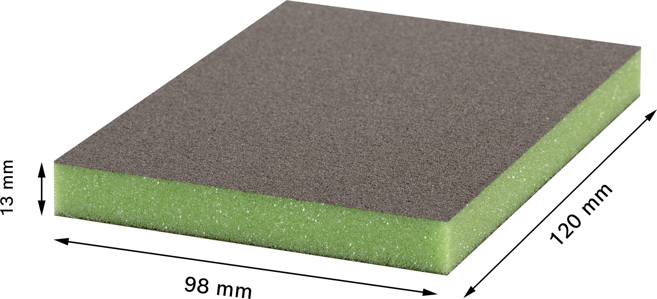 Gąbka do czyszczenia prostokątna, 13 mm grubości, o wymiarach 98 mm x 120 mm. Górna warstwa jest ciemna, dolna zielona.