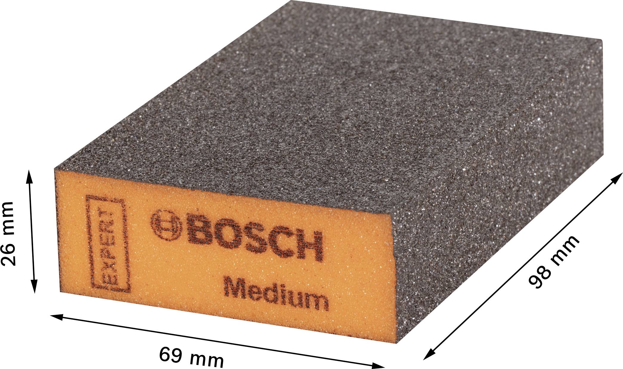 Gąbka szlifierska Bosch o wymiarach 98 mm x 69 mm x 26 mm, oznaczona napisami 'Expert' i 'Medium'.
