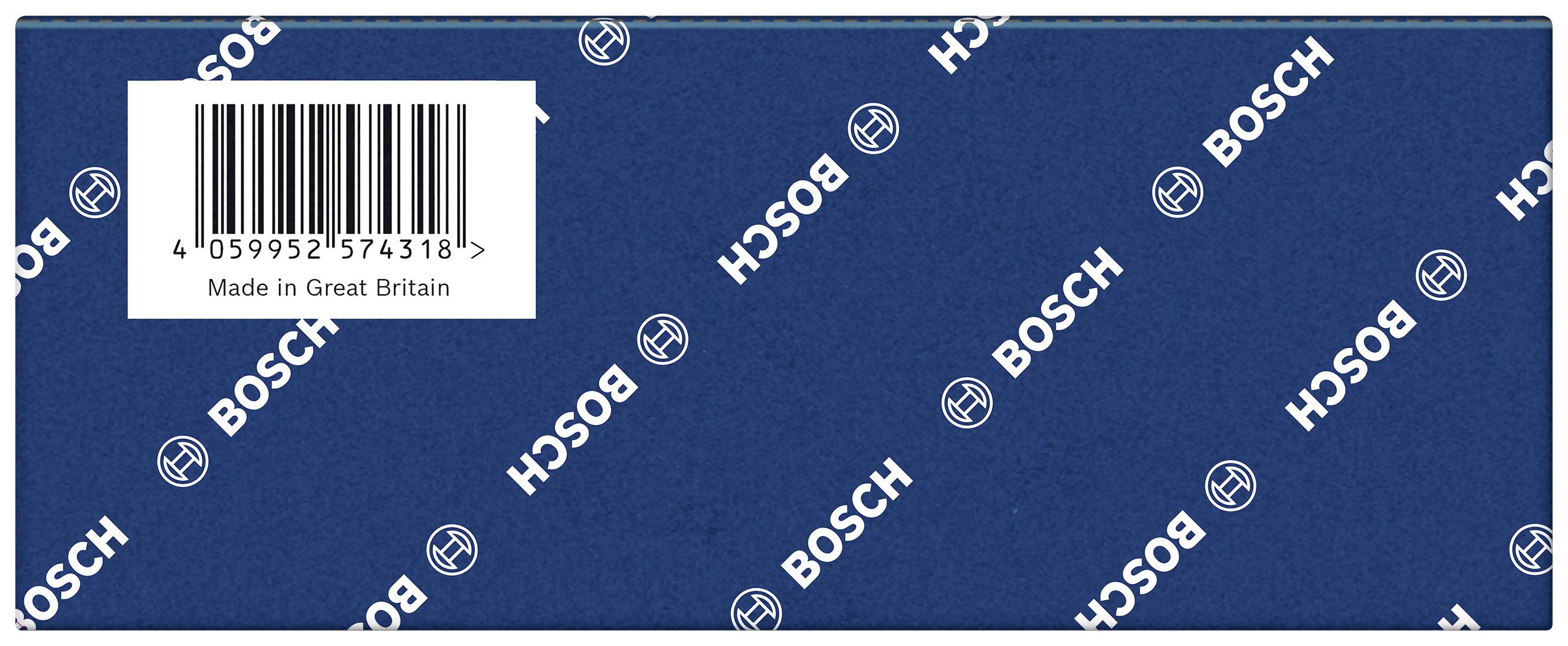 Niebieski karton z białymi logo 'BOSCH' i kodem kreskowym. Tekst: 'Wyprodukowano w Wielkiej Brytanii'.