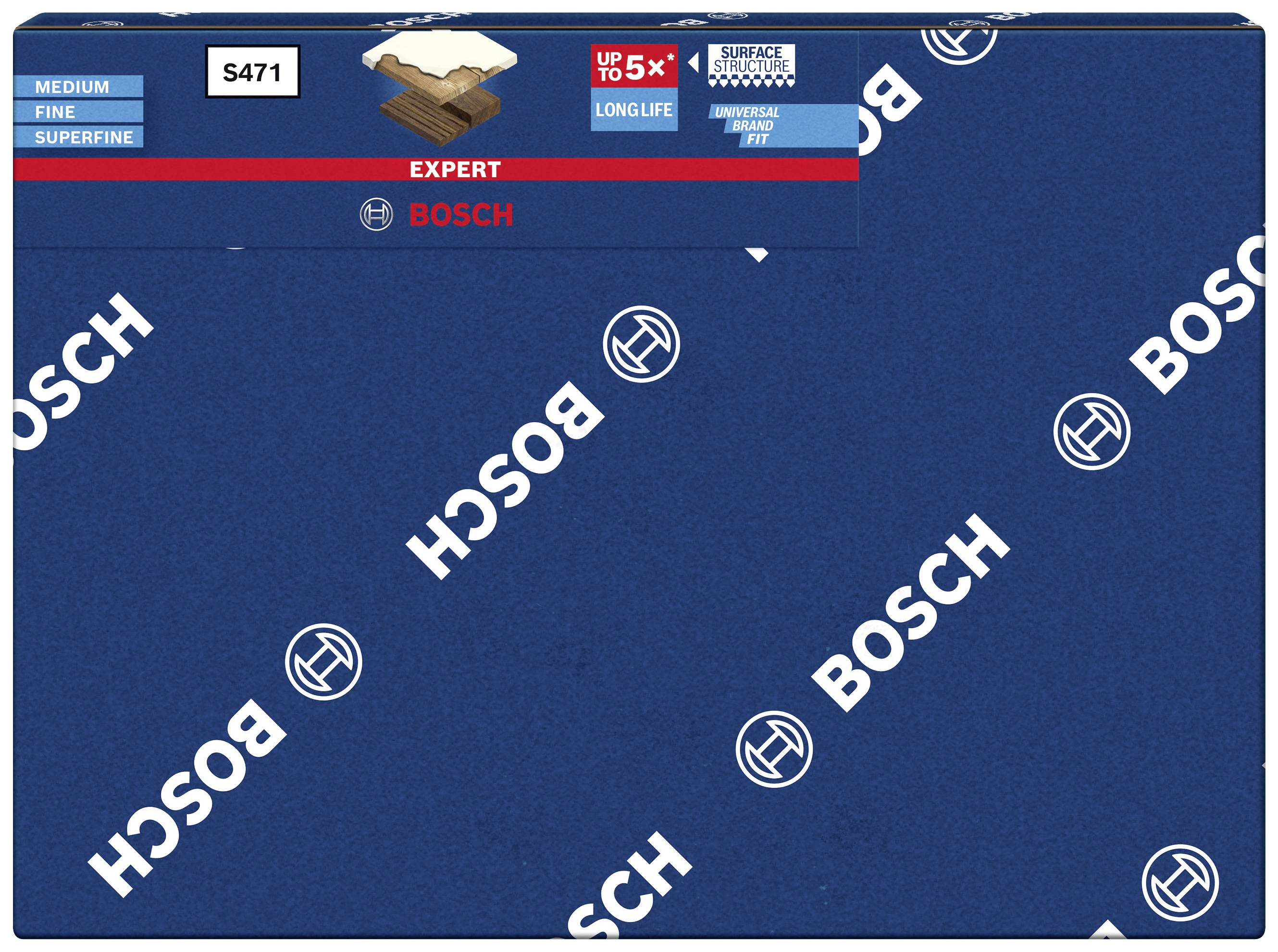 Niebieska kartka ścierna firmy Bosch z wzorem i tekstem. Na górze widnieje napis 'Expert', 'Do 5x więcej', 'Długotrwała'. Odpowiednia do drewna i lakieru.