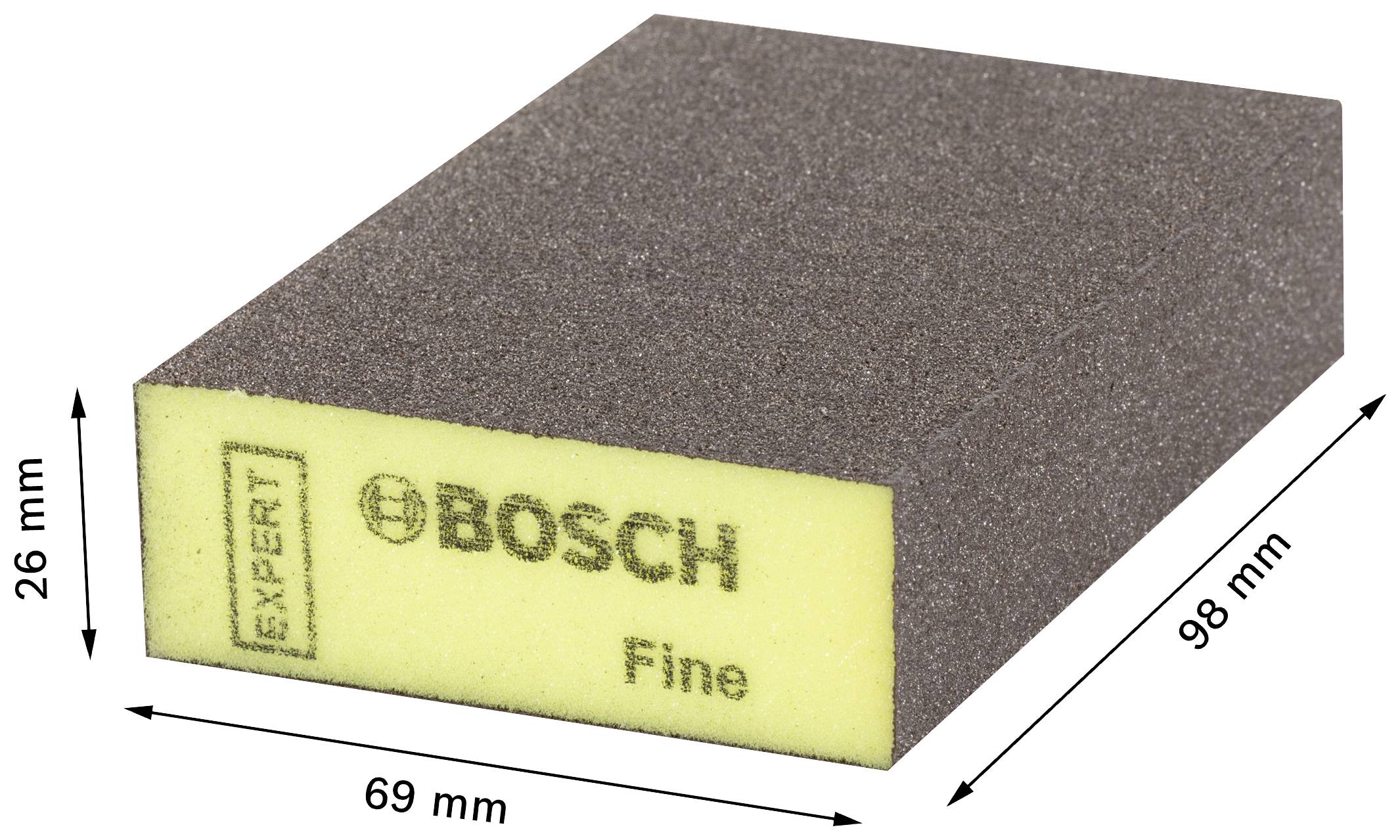 Gąbka ścierna Bosch o wymiarach 98 mm x 69 mm x 26 mm. Na żółtej stronie znajdują się napisy 'Bosch', 'Expert' i 'Fine'.