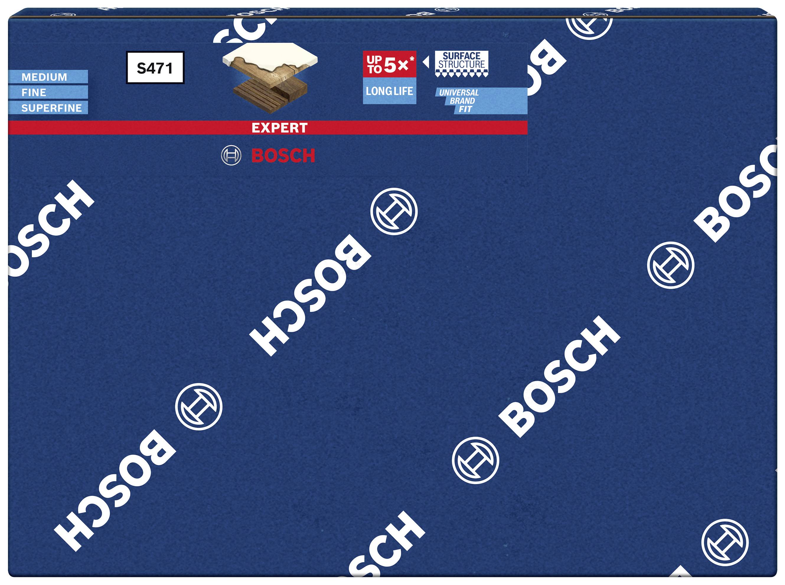 Opakowanie papieru ściernego 'Bosch' w kolorze niebieskim, oznaczone napisem 'Medium Fine Superfine'. Podkreślane cechy: trwałość i uniwersalne zastosowanie.