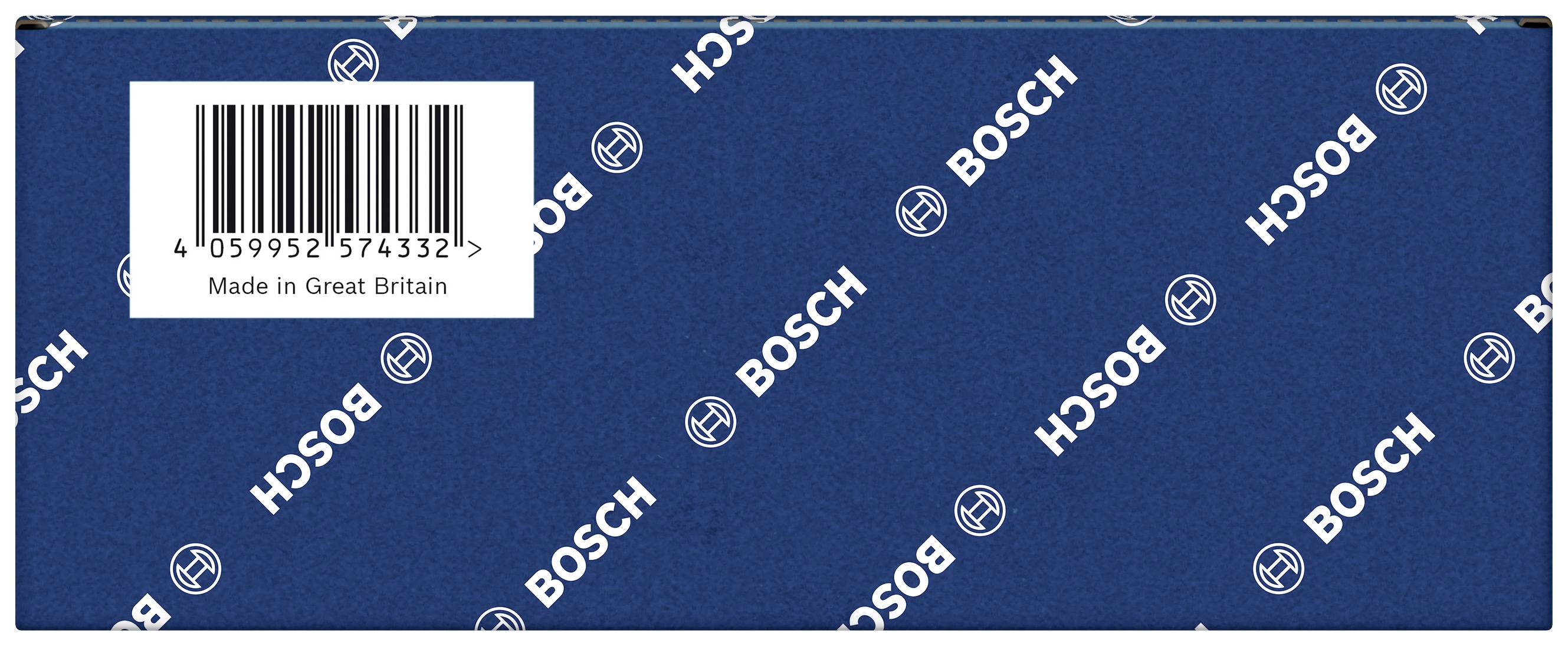 Niebieskie opakowanie z białym wzorem logo 'BOSCH' i kodem kreskowym. Napis: 'Wyprodukowano w Wielkiej Brytanii'.