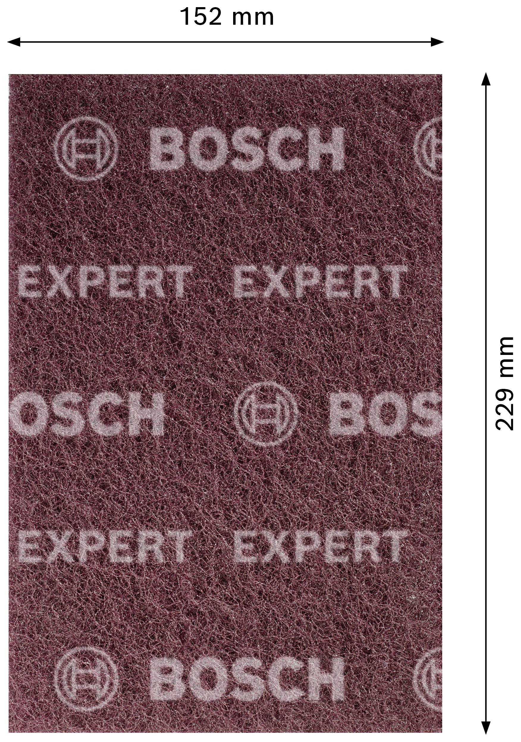 Prostokątna podkładka ścierna Boscha o wymiarach 152 mm x 229 mm. Na rdzawo-brązowej powierzchni wydrukowane są logo 'BOSCH' i 'EXPERT'.