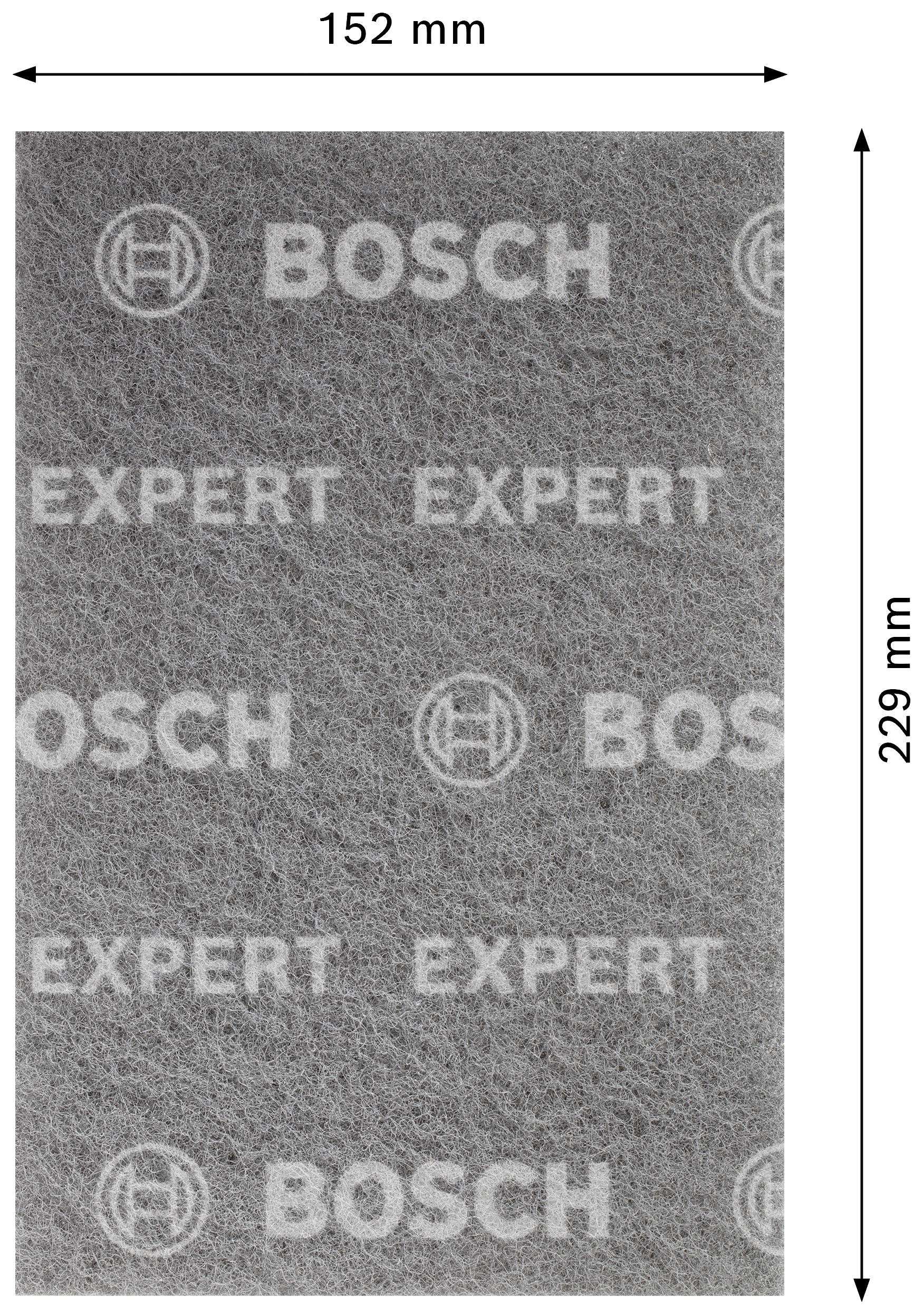 Podkładka ścierna Bosch Expert, prostokątna, wymiary: 152 mm x 229 mm, szara, nadrukowane logo i napis Bosch.