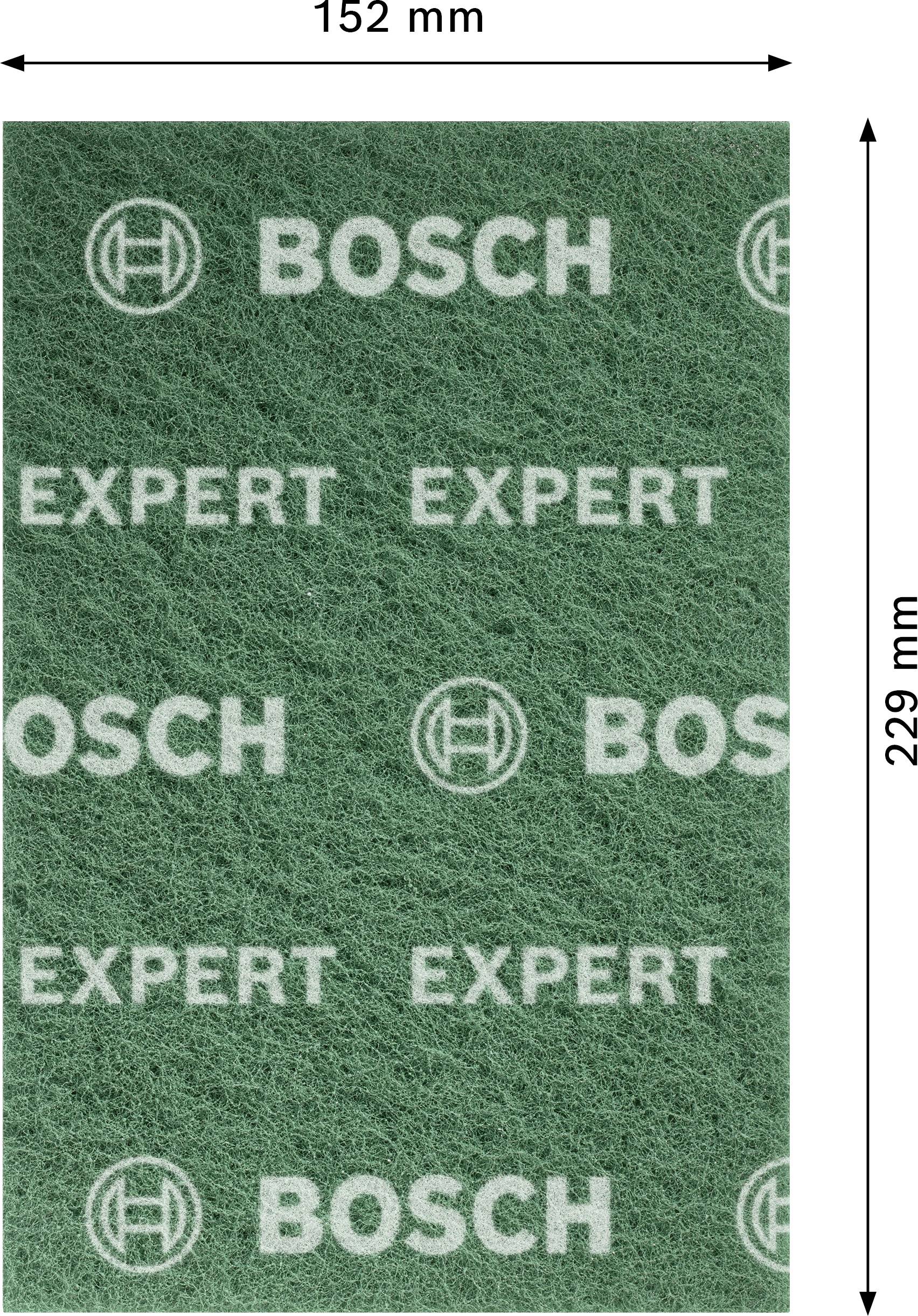Zielona tarcza ścierna z napisem 'BOSCH' i 'EXPERT'. Wymiary 152 mm x 229 mm.