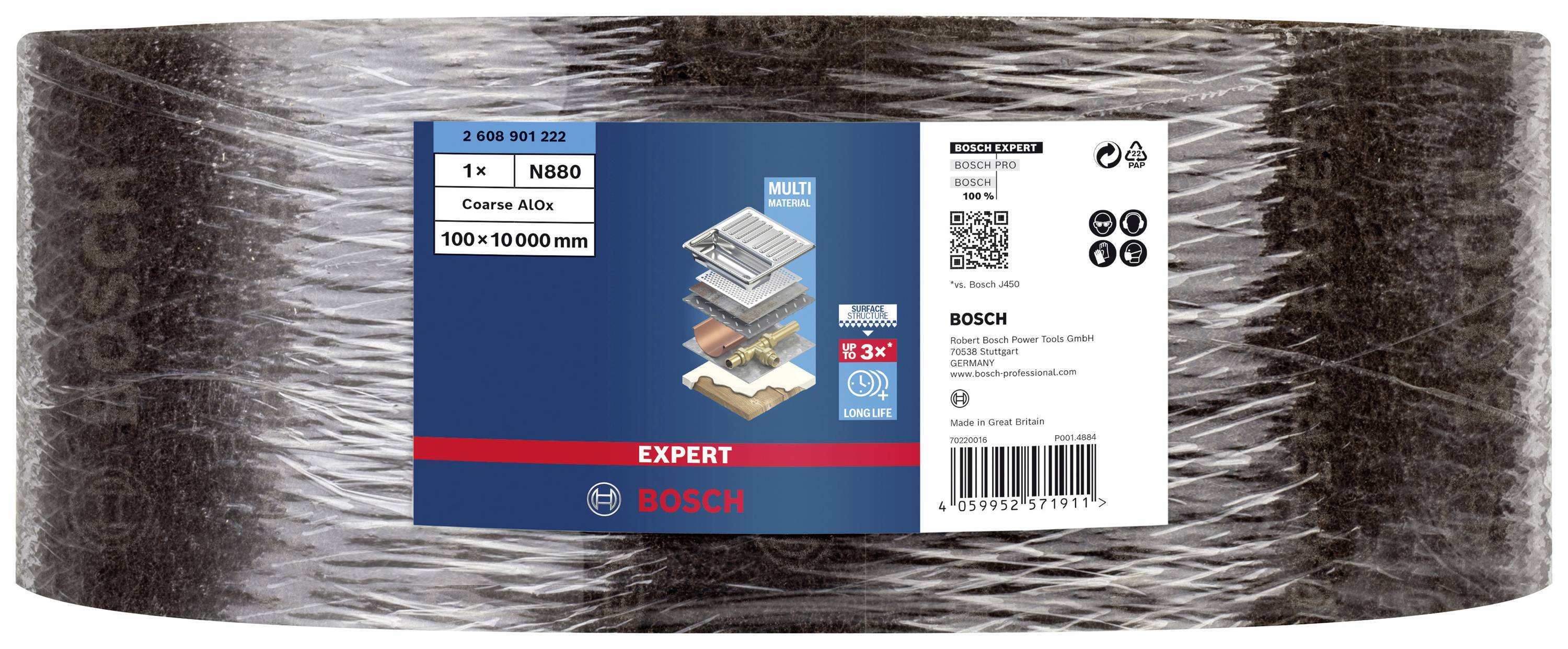 Etykieta na rolce papieru ściernego Bosch, 'EXPERT', ziarnistość N880, gruboziarnista AlOx, rozmiar 100x10000 mm, prezentująca logo marki i kod QR.