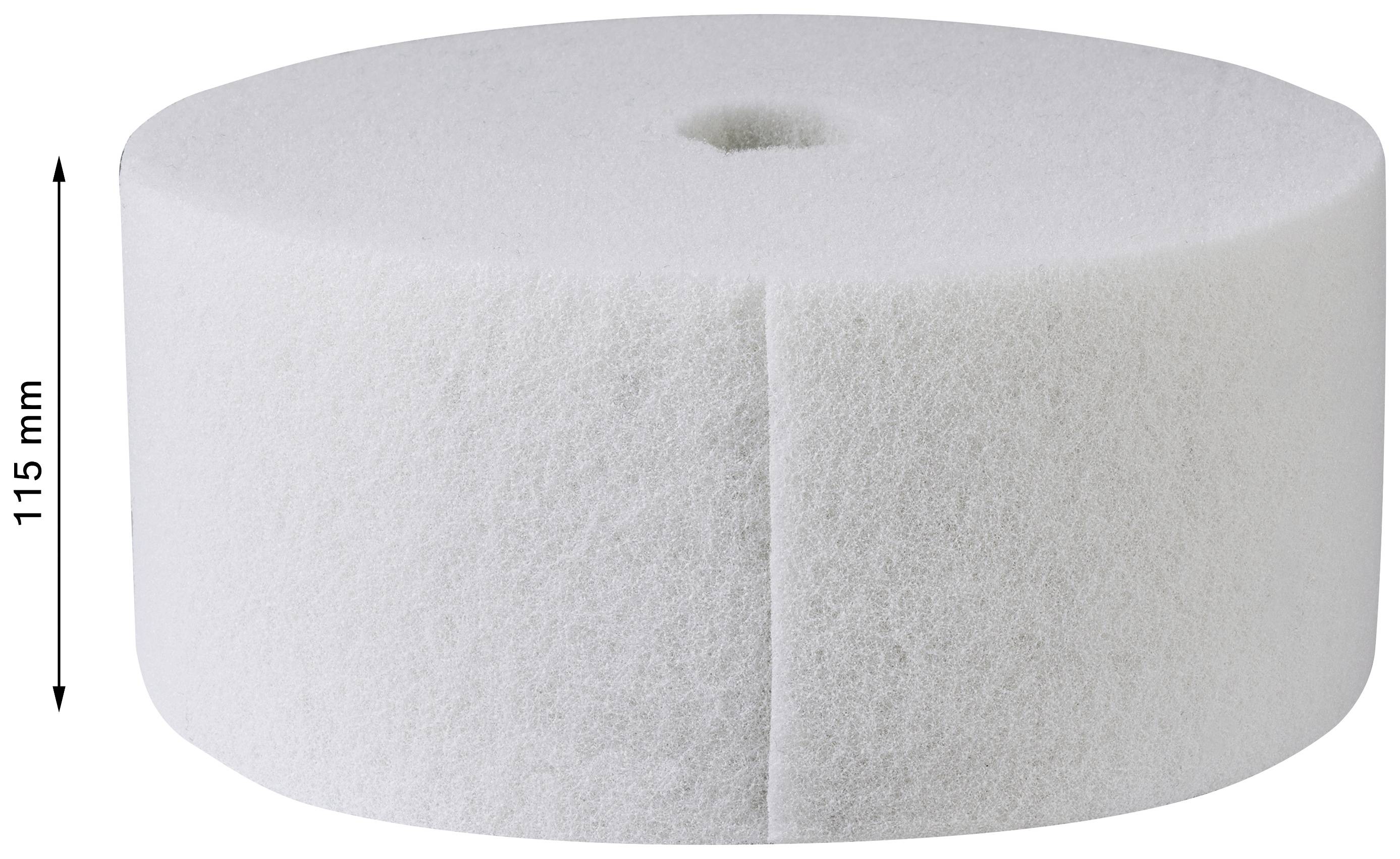 Gruba, okrągła, biała rolka materiału włóknistego o wysokości 115 mm, widok z boku.