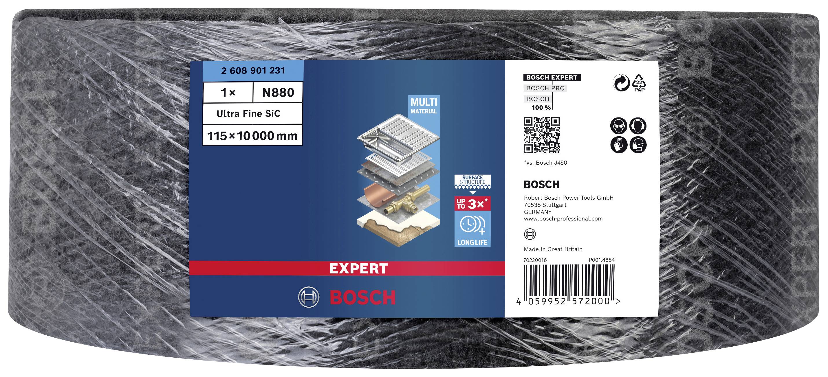 'Rolka ścierna Bosch Expert Ultra Fine SIC, 115x10000mm. Technologia wielowarstwowa, odpowiednia do różnych powierzchni.'