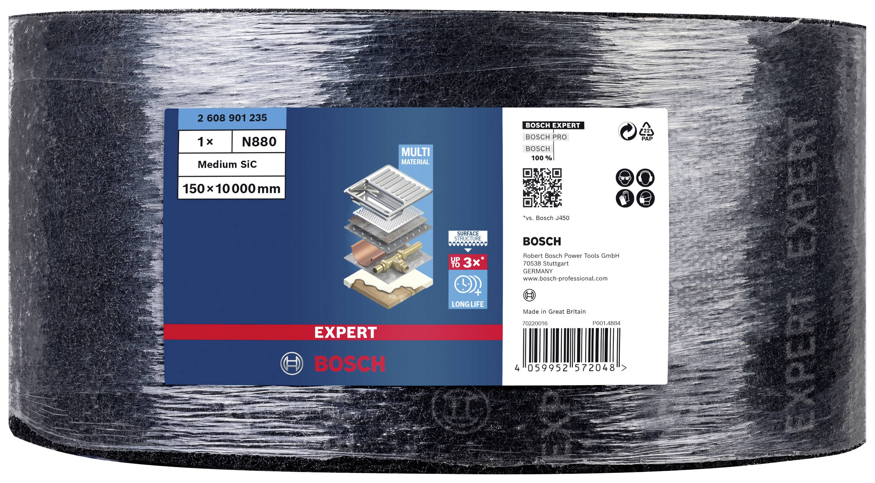 'Rolka szlifierska Bosch Expert, 150 mm x 10000 mm, średnia ziarnistość, odpowiednia do drewna, metalu i tworzyw sztucznych, wytrzymała.'