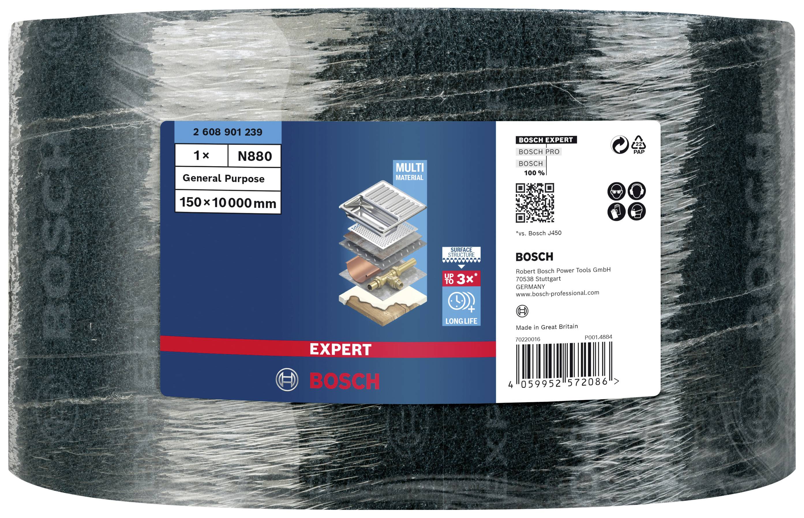 Na zdjęciu widać rolkę ścierną Bosch do zastosowań ogólnych, o wymiarach 150 x 10000 mm, z etykietą producenta.