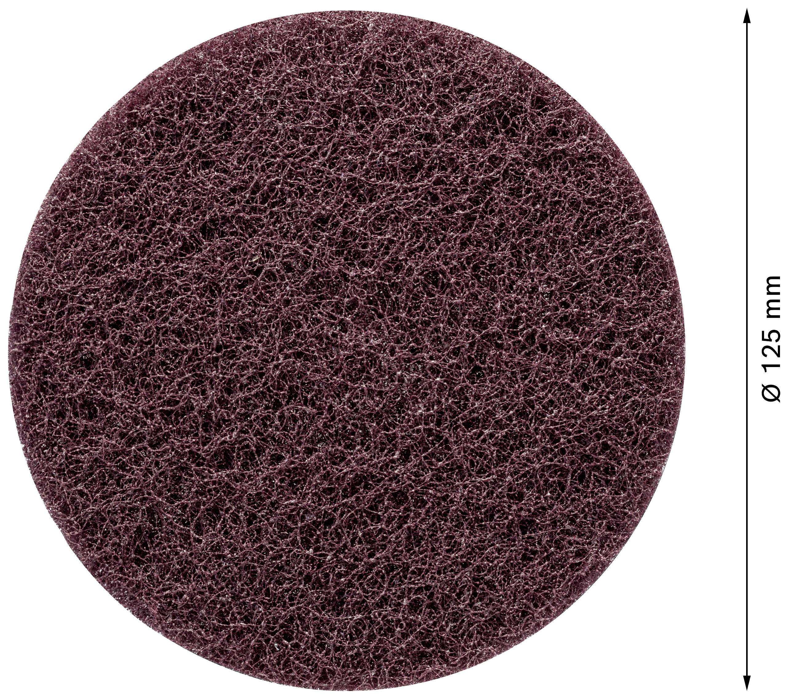 Tarcza szlifierska w kolorze rudoczerwonym, okrągła, o średnicy 125 mm. Struktura jest otwarta i włóknista, odpowiednia do szlifowania dokładnego.