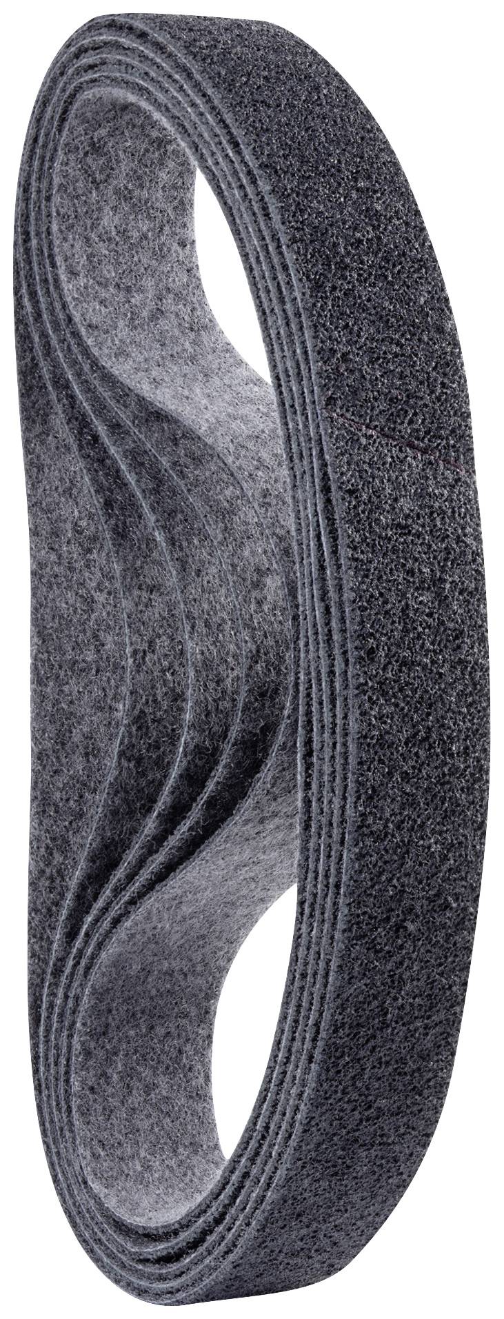 Trzy ciemne taśmy szlifierskie, ułożone jedna na drugiej, tworzą zamkniętą owalną formę.