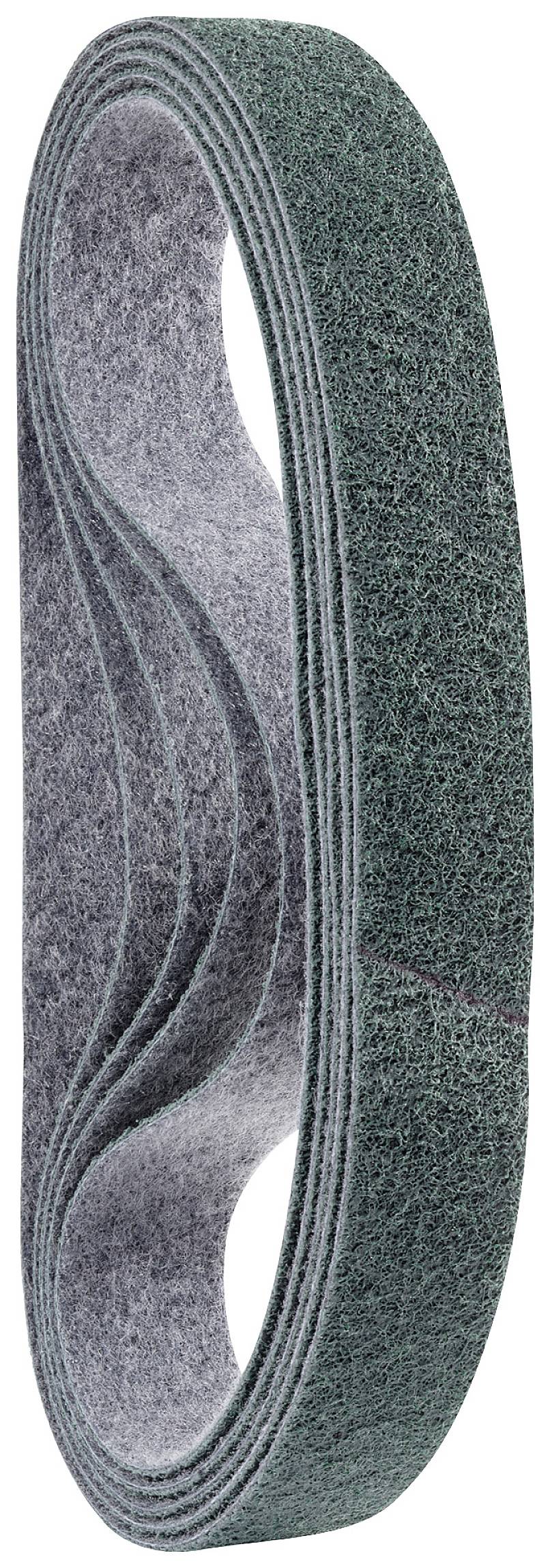 Zielona taśma ścierna złożona w pętlę wydaje się przeznaczona do użycia w szlifierkach.