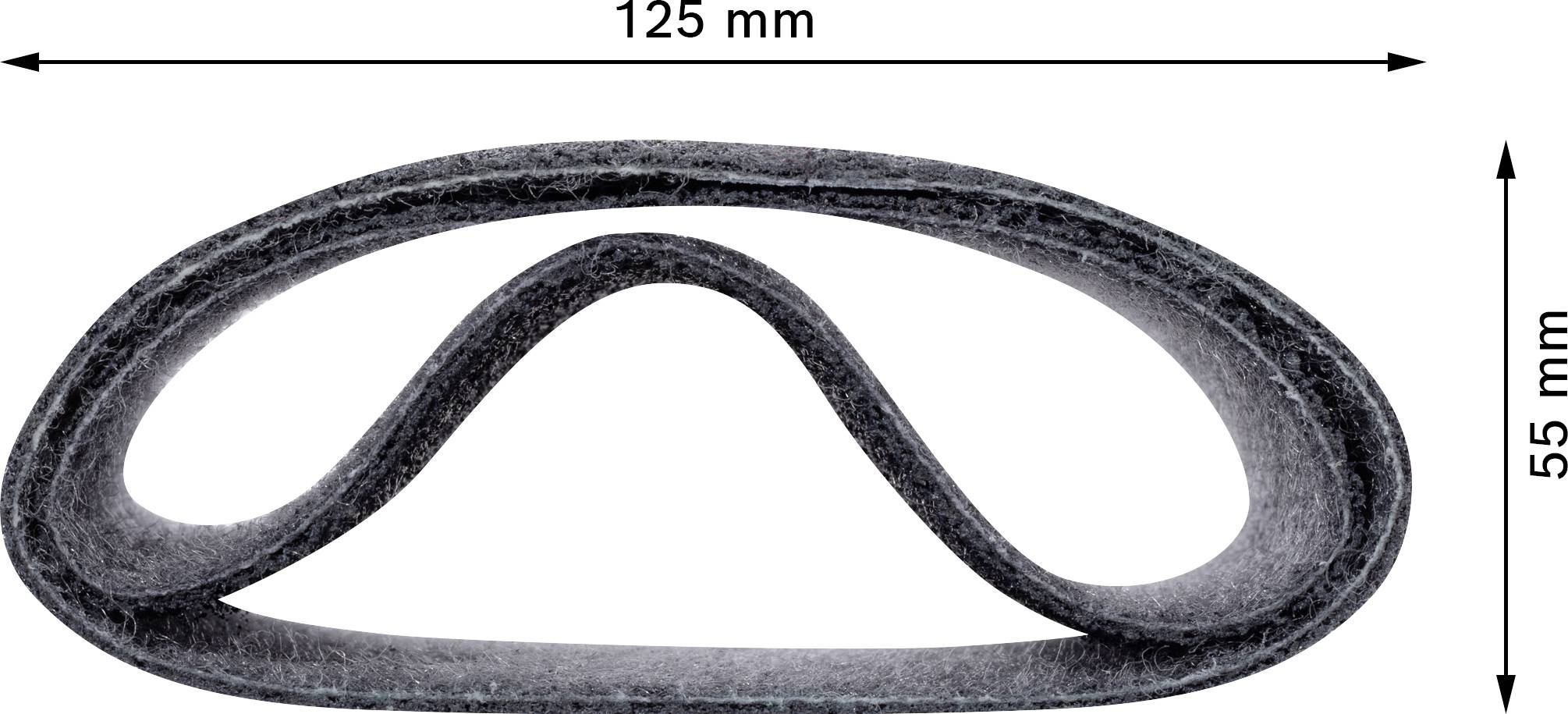 Pasek filcowy w skomplikowanym kształcie, długości 125 mm i wysokości 55 mm, przedstawiony ze strzałkami pomiarowymi.