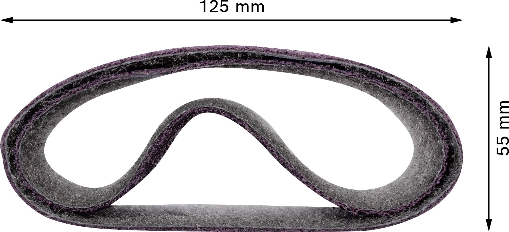 Pasek szlifierski w pętli, 125 mm długości, 55 mm wysokości, w odcieniu szarym z fioletowymi krawędziami. Wymiary przedstawione u góry i po prawej stronie.