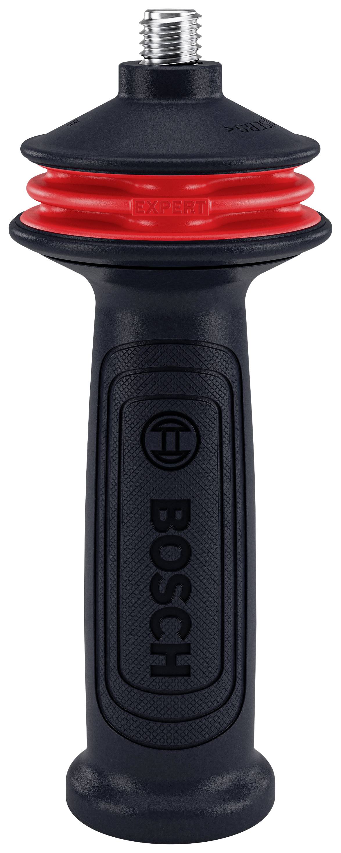 Uchwyt Bosch z czerwonym pierścieniem gumowym, czarną obudową i gwintem u góry, zapewniający lepszy chwyt i kontrolę podczas pracy narzędziami.