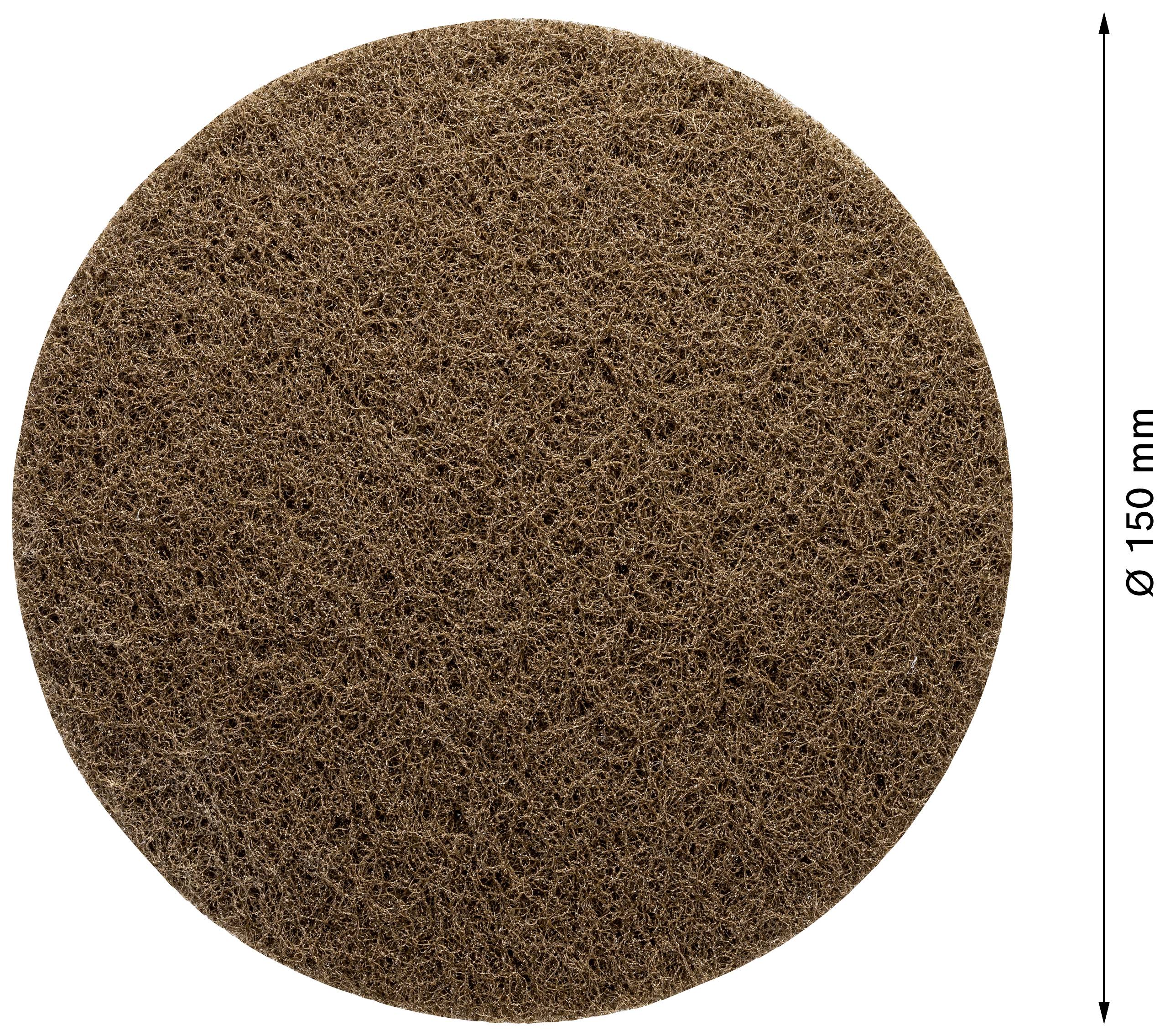 Okrągła brązowa podkładka ścierna o średnicy 150 mm, teksturowana i odpowiednia do obróbki powierzchni.