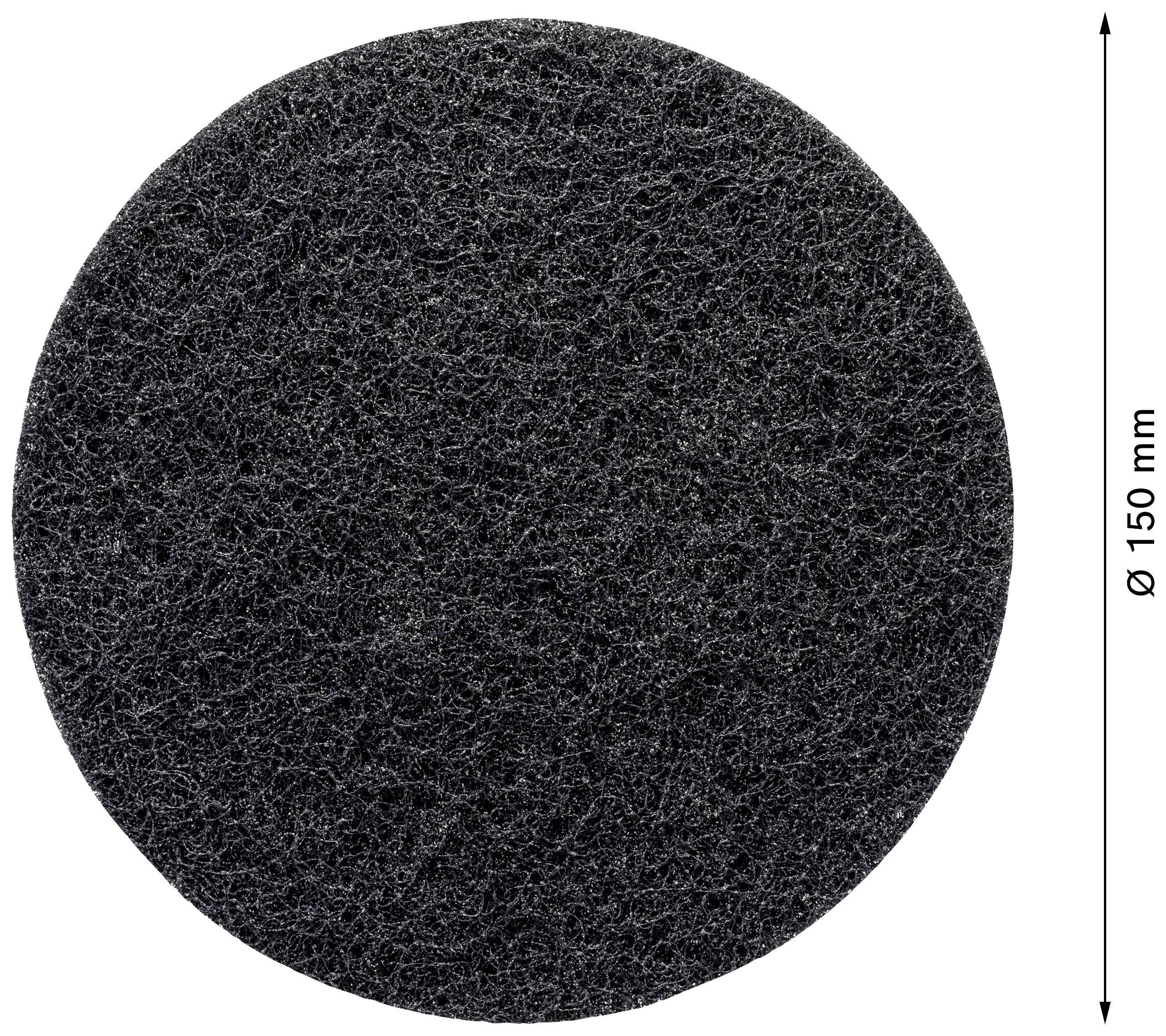 Czarna, okrągła tarcza szlifierska o średnicy 150 mm, o strukturze grubych włókien.