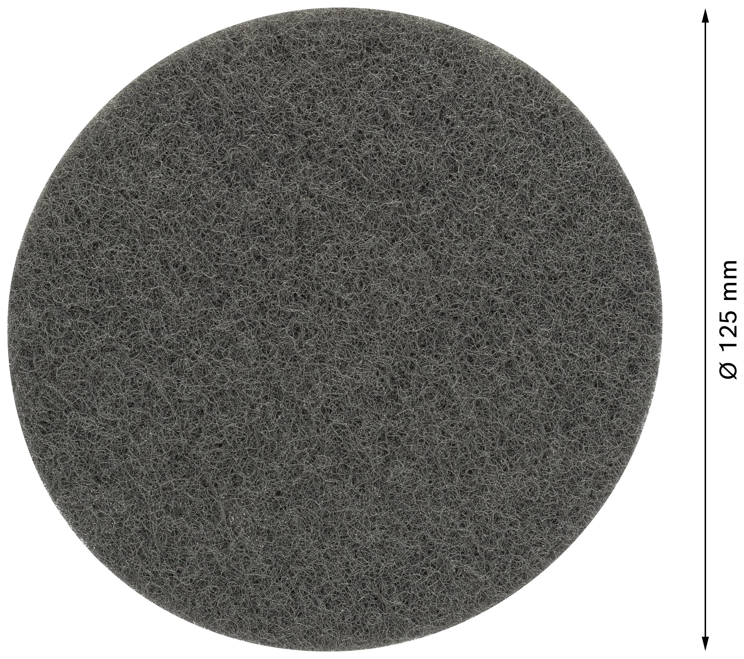 Szary, okrągły pad ścierny o średnicy 125 mm, stosowany do gładkiego wykańczania powierzchni.
