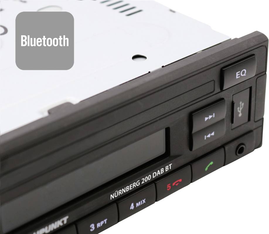 Radioodtwarzacz samochodowy z logo Bluetooth i elementami sterującymi, z napisem 'NURNBERG 200 DAB BT'.