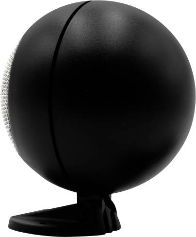 Czarny, półkulisty głośnik umieszczony bocznie na statywie.