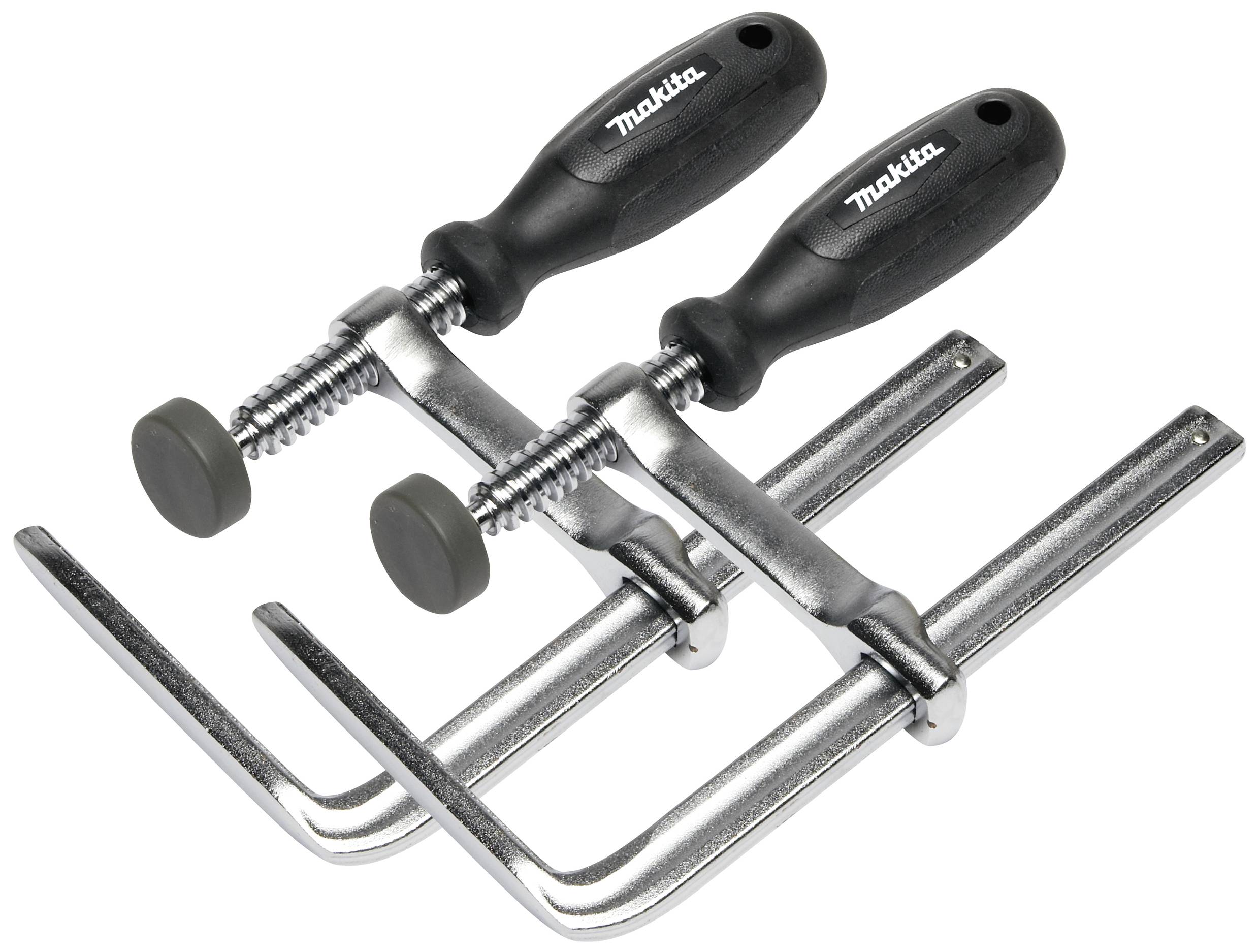 Dwie srebrne ściski śrubowe z czarnymi uchwytami, leżące na białej powierzchni. Na uchwytach widoczne logo marki.