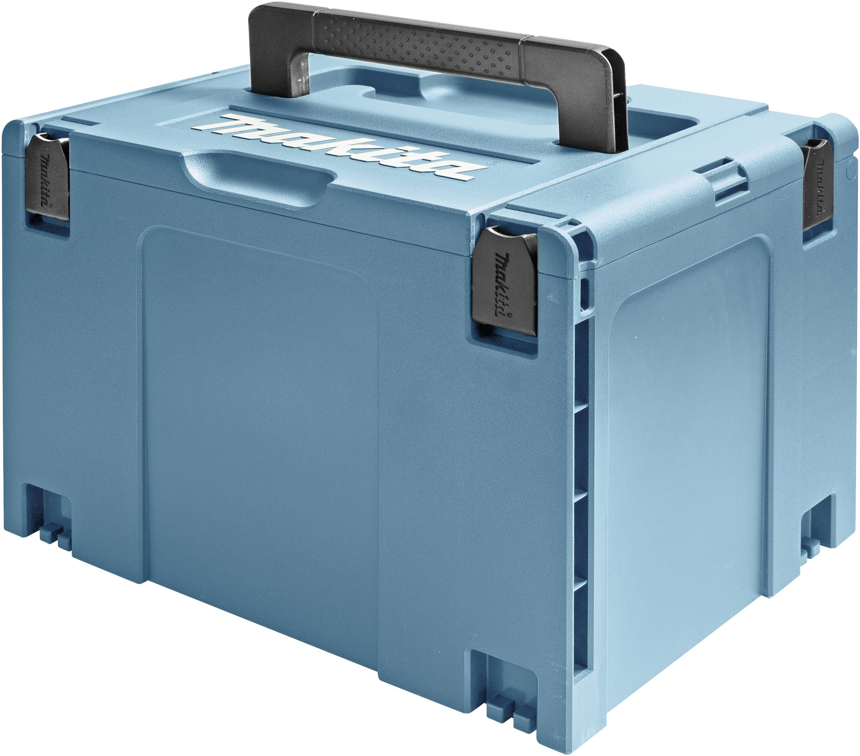 Piętrowy, niebieski kufer na narzędzia z czarną rączką, na której umieszczono logo popularnej marki.
