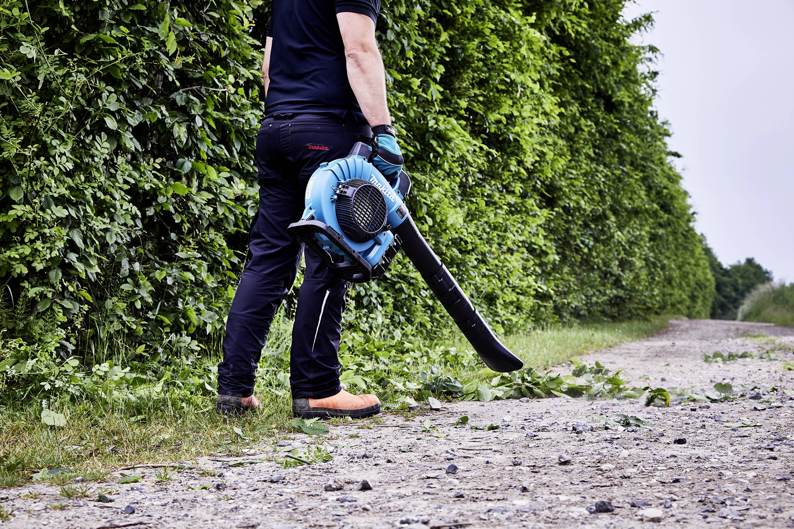 Osoba używa dmuchawy do liści, aby usunąć liście z chodnika przy żywopłocie.