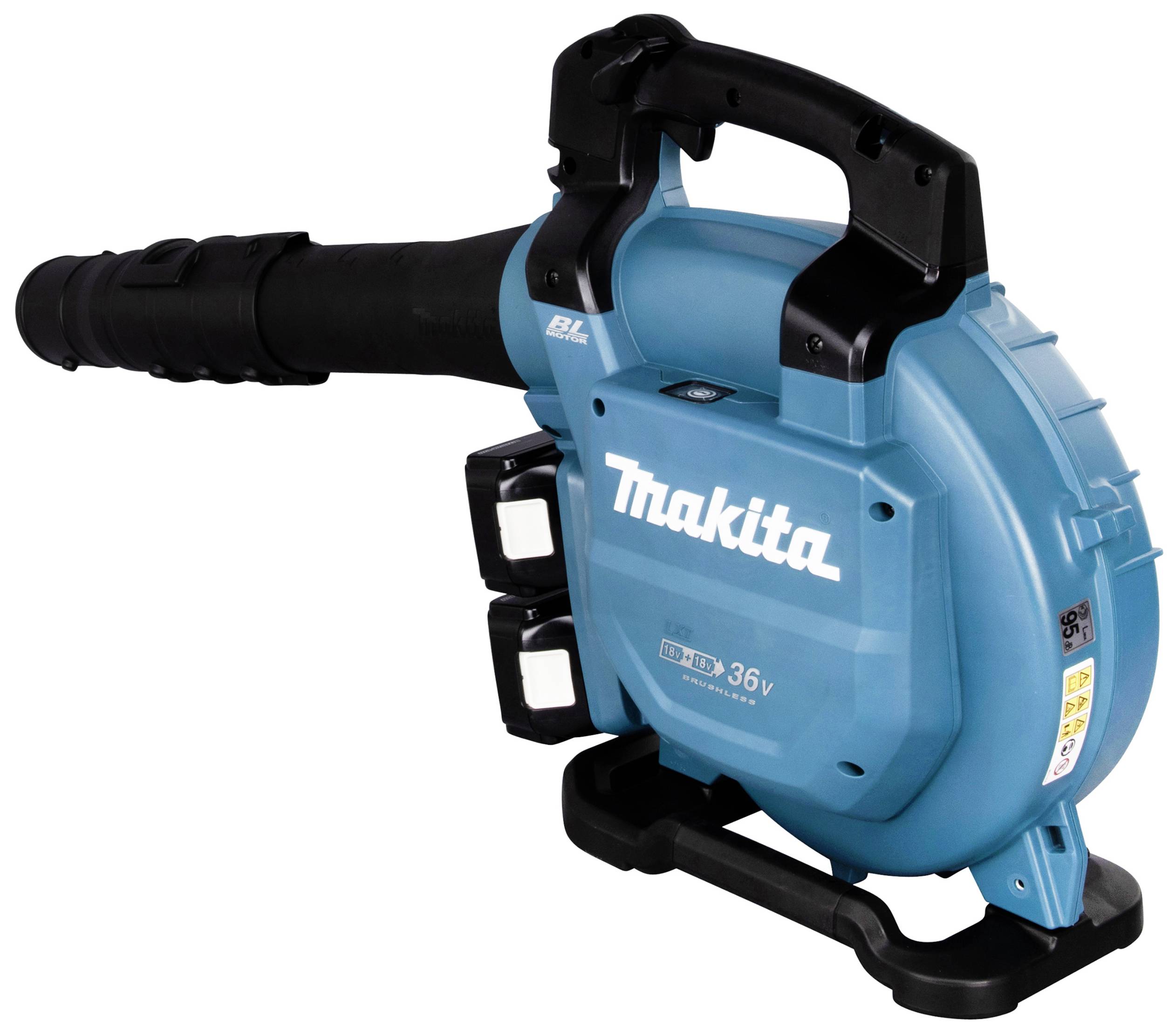 Akumulatorowy odkurzacz do liści od producenta z niebieską obudową, widok z boku. Zasilany baterią, bez przewodów. Idealny do sprzątania liści.