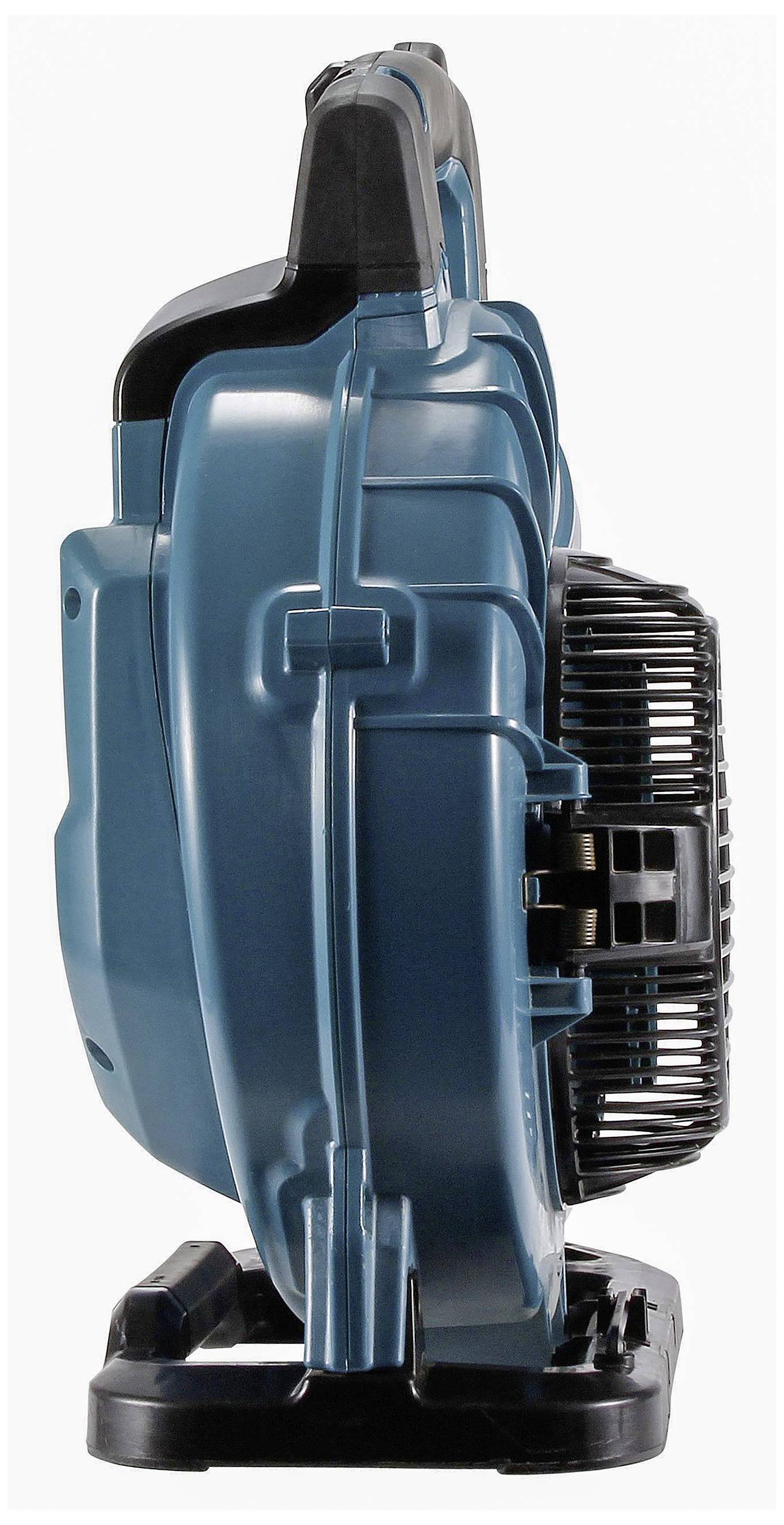 Akumulatorowe dmuchawy w widoku bocznym, kompaktowe i przenośne, z czarnym wentylatorem i niebieską obudową. Idealne do zastosowań warsztatowych.