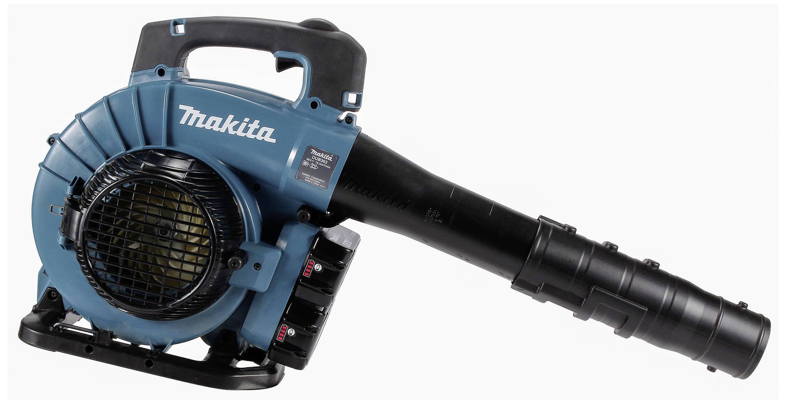 Niebieski dmuchawa do liści marki 'Makita', z czarnym uchwytem i rurą, na białym tle. Urządzenie do usuwania liści.