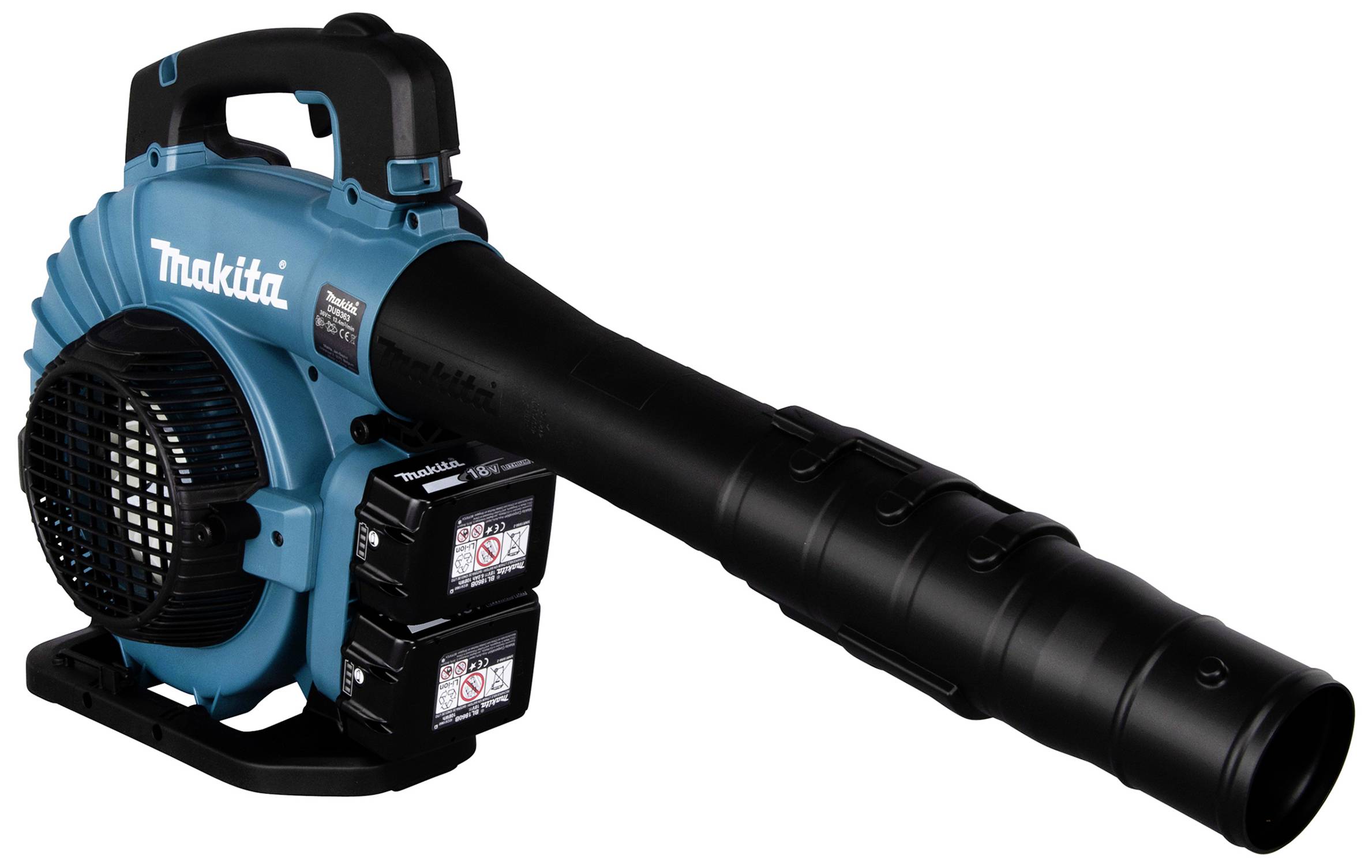 Akumulatorowe dmuchawa do liści marki Makita w kolorze granatowo-czarnym, wyposażona w dwie baterie, przeznaczona do sprzątania liści i nieczystości na zewnątrz.