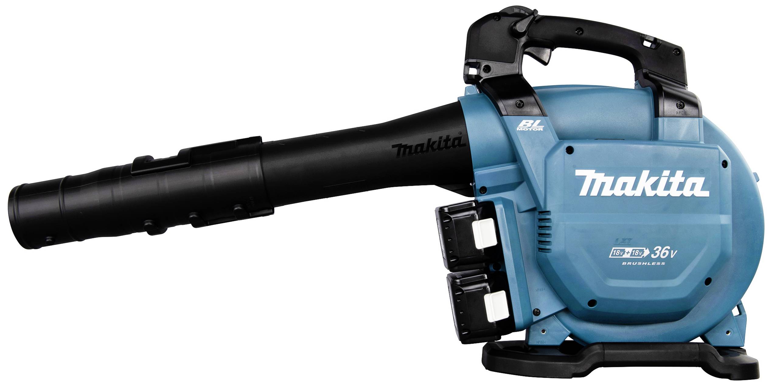 Niebieski, akumulatorowy dmuchawa do liści z czarnym uchwytem i dyszą. Baterie zamontowane po obu stronach, marka wyróżniona.