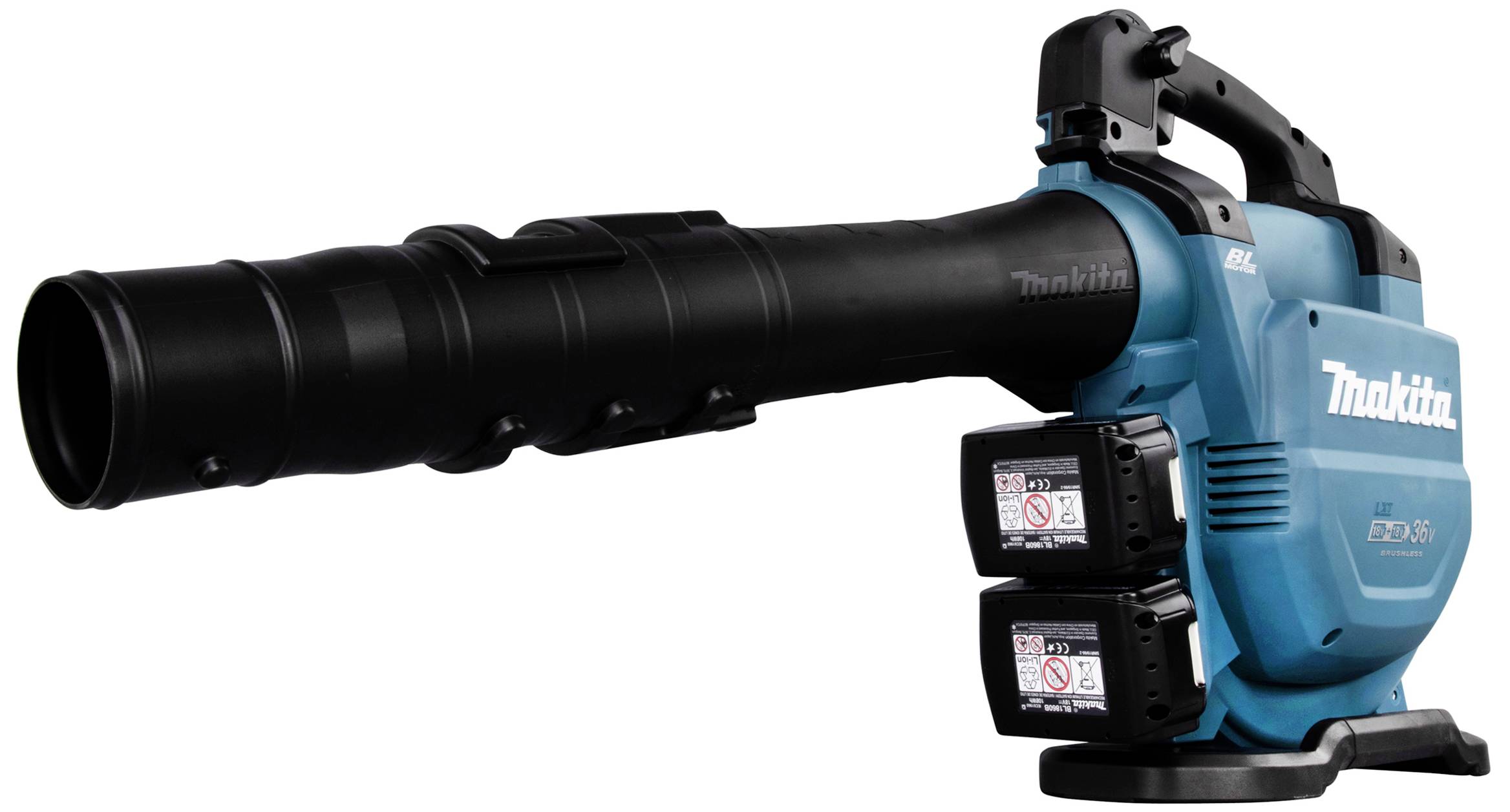 Niebieski, bezprzewodowy odkurzacz do liści z dwoma akumulatorami. Widoczna nazwa marki 'Makita'. Odpowiedni do prac ogrodowych i usuwania liści.