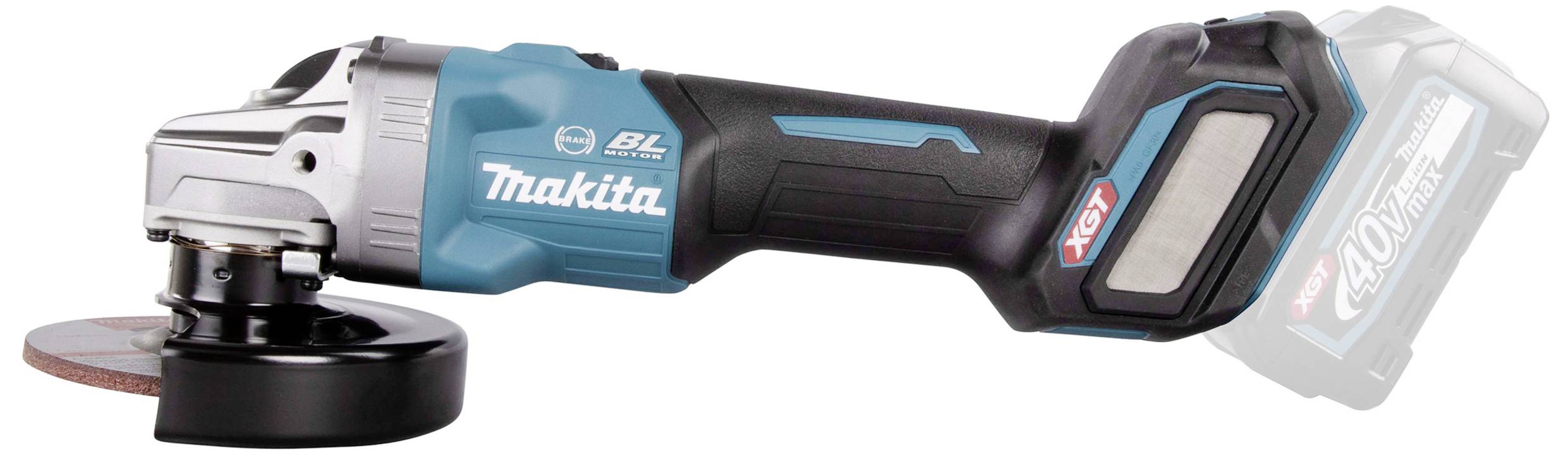 Akumulatorowa szlifierka kątowa w kolorach niebieskim i czarnym, widoczna tarcza i uchwyt. Nazwa marki widoczna na obudowie.