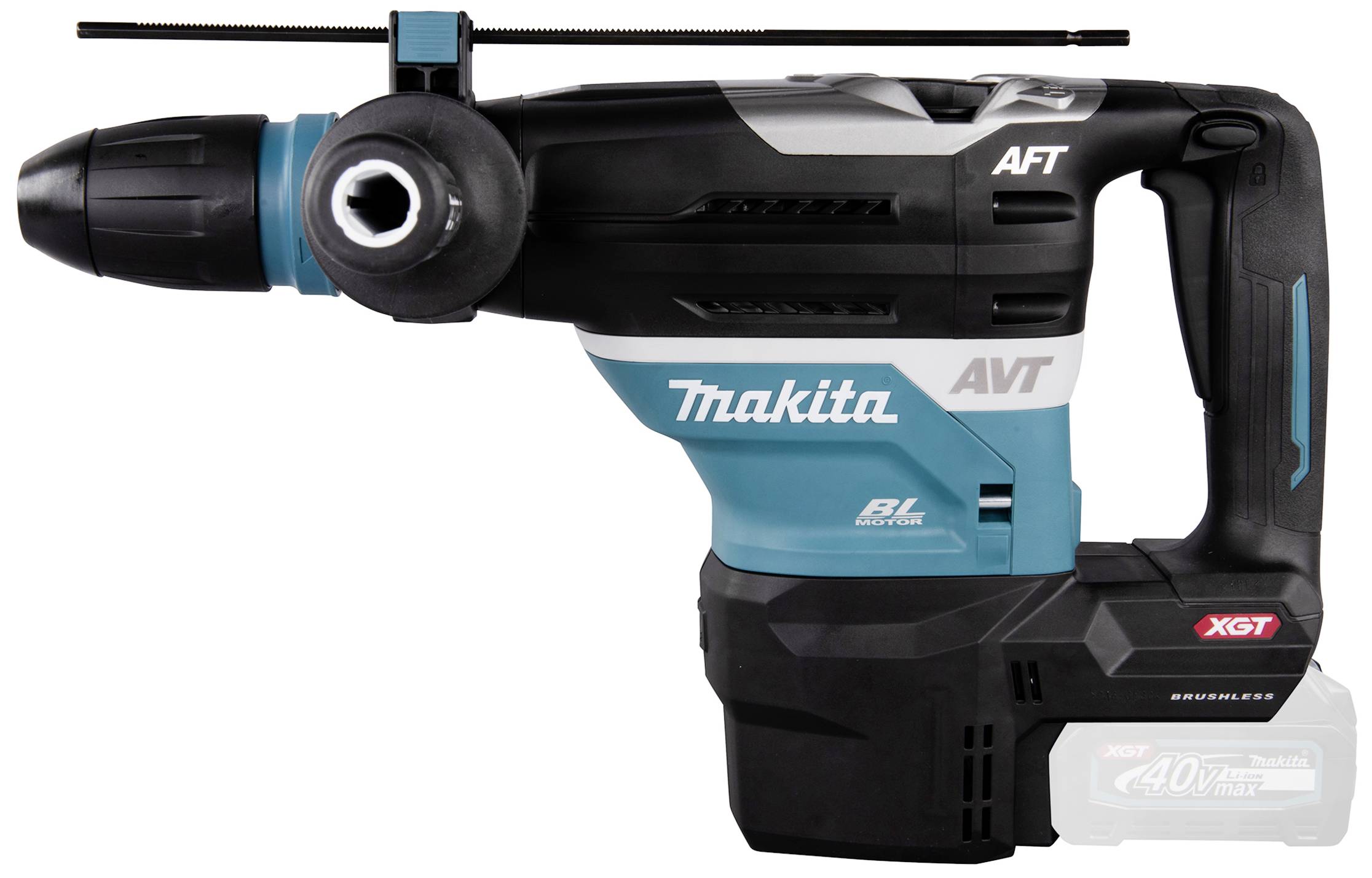 Bezprzewodowy młot udarowy w niebiesko-czarnej obudowie, marki Makita, model AVT. Specyfikacje akumulatora i wydajności są widoczne.