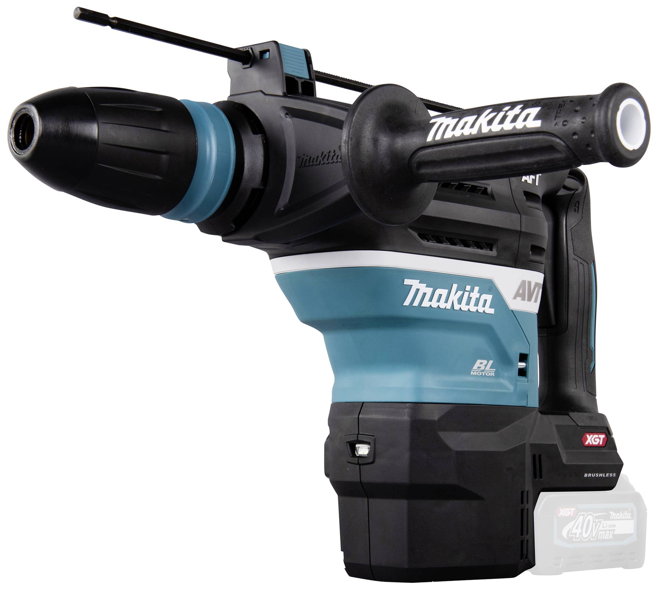 Akumulatorowy młot udarowy Makita, z obrotowym uchwytem, mocną głowicą wiercącą, w kolorystyce niebiesko-czarnej, z serii XGT.